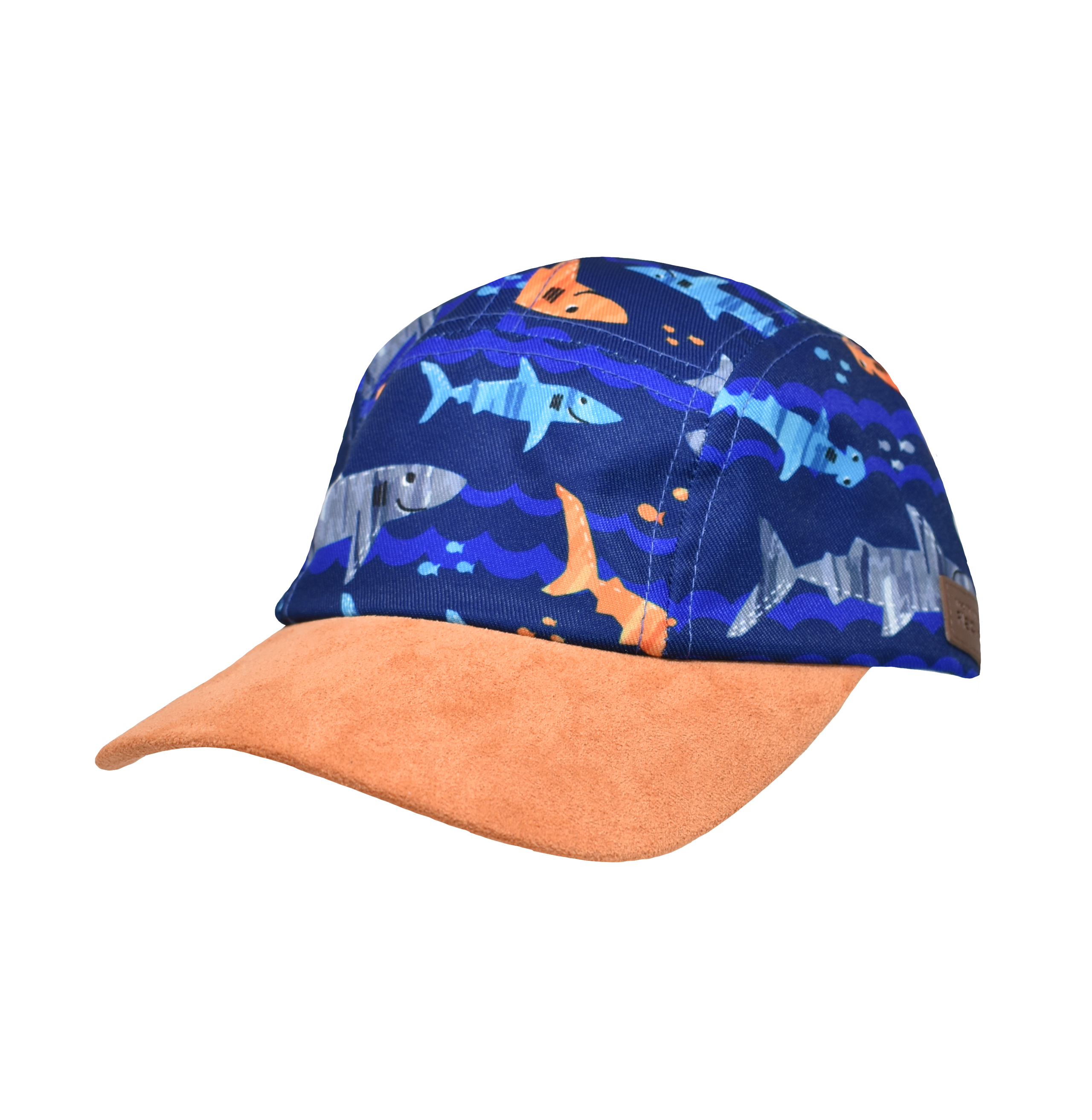 UPF 50+ Cam-Cam Cap - Artsy Sharks. Navy blue baseball cap with light blue, light orang and grey sharks. Orange brim.