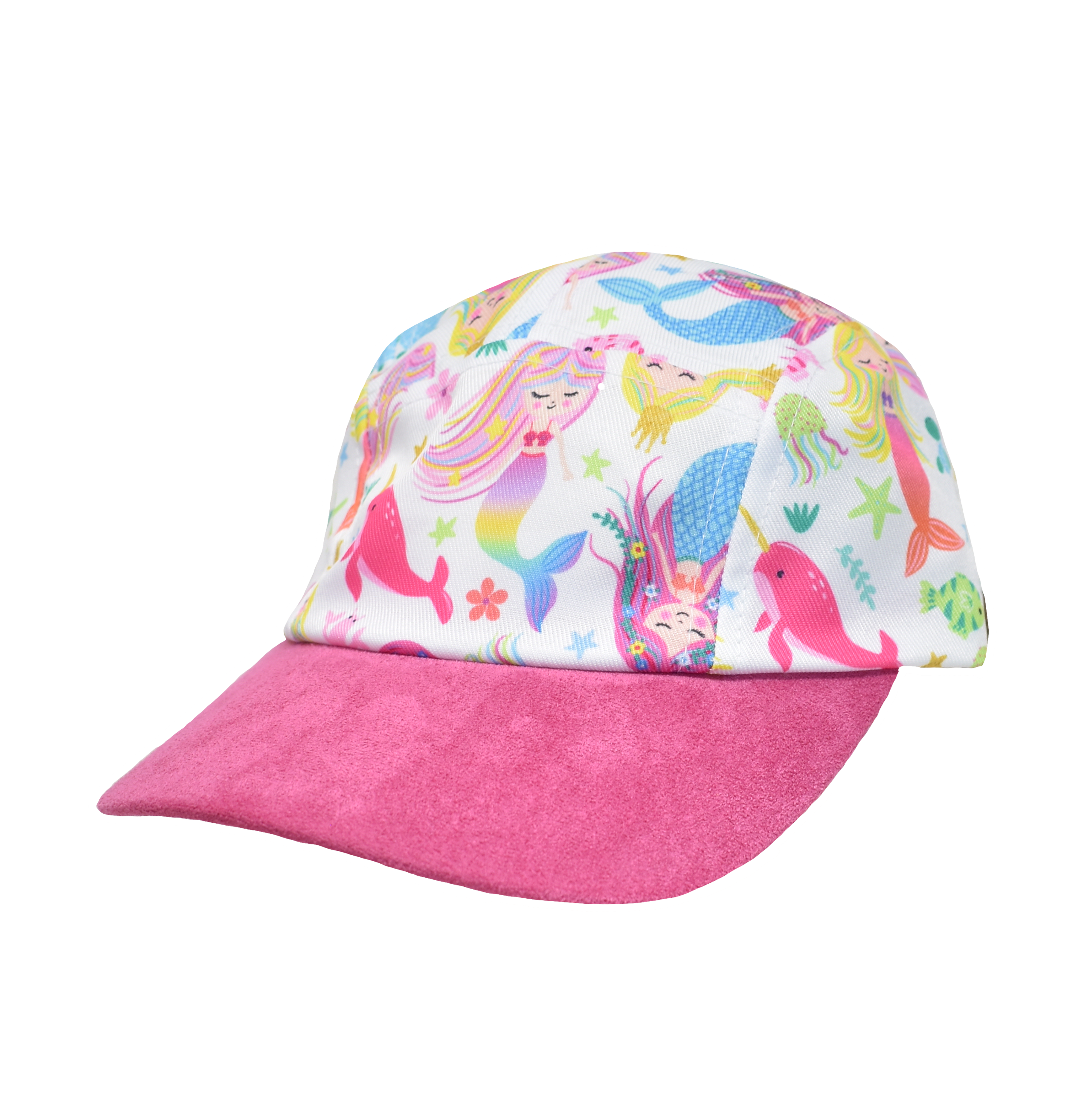 UPF 50+ Cam-Cam Cap - Mermaid Bliss. White baseball cap with with multicolored mermaids, pink narwhales, jellyfish, turtles, starfish and shells. Hot pink brim.