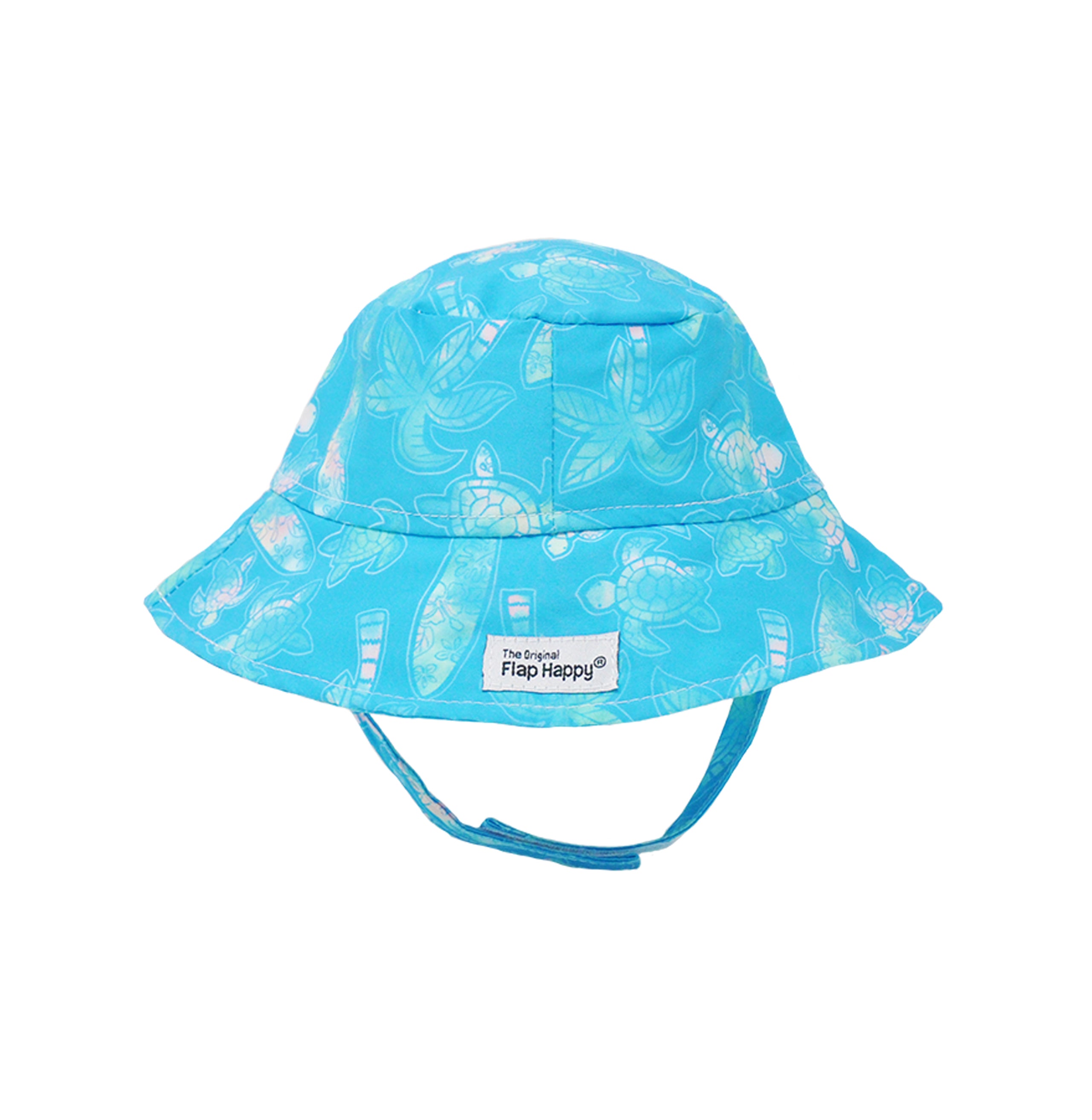Flap Happy Kids UPF 50+ Bucket Hat Sun Hat in Coco Beach Turtles for sun protection. The Print is Turquoise with watercolor turtles. surfboards and palm trees.