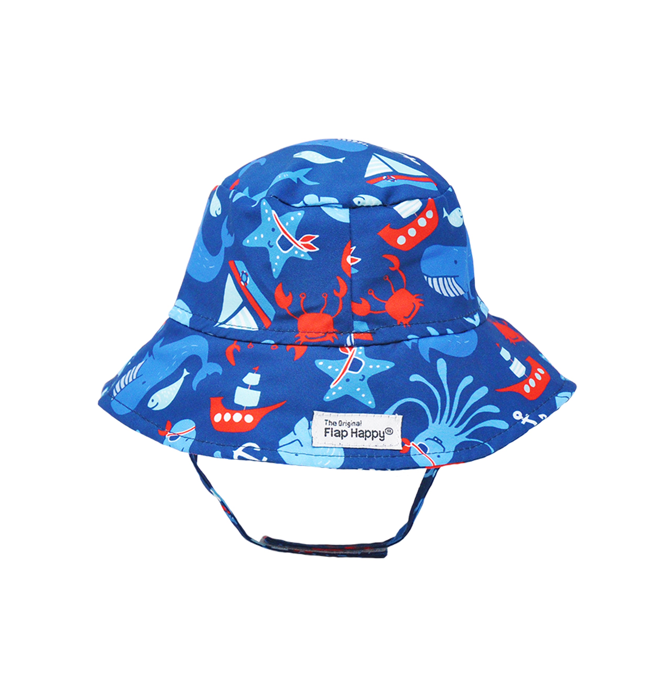 Flap Happy Kids UPF 50+ Bucket Hat Sun Hat in Nautical Fun for sun protection. The Print is Navy with red crabs and light blue sailboats, octopus and pirates starfishes.