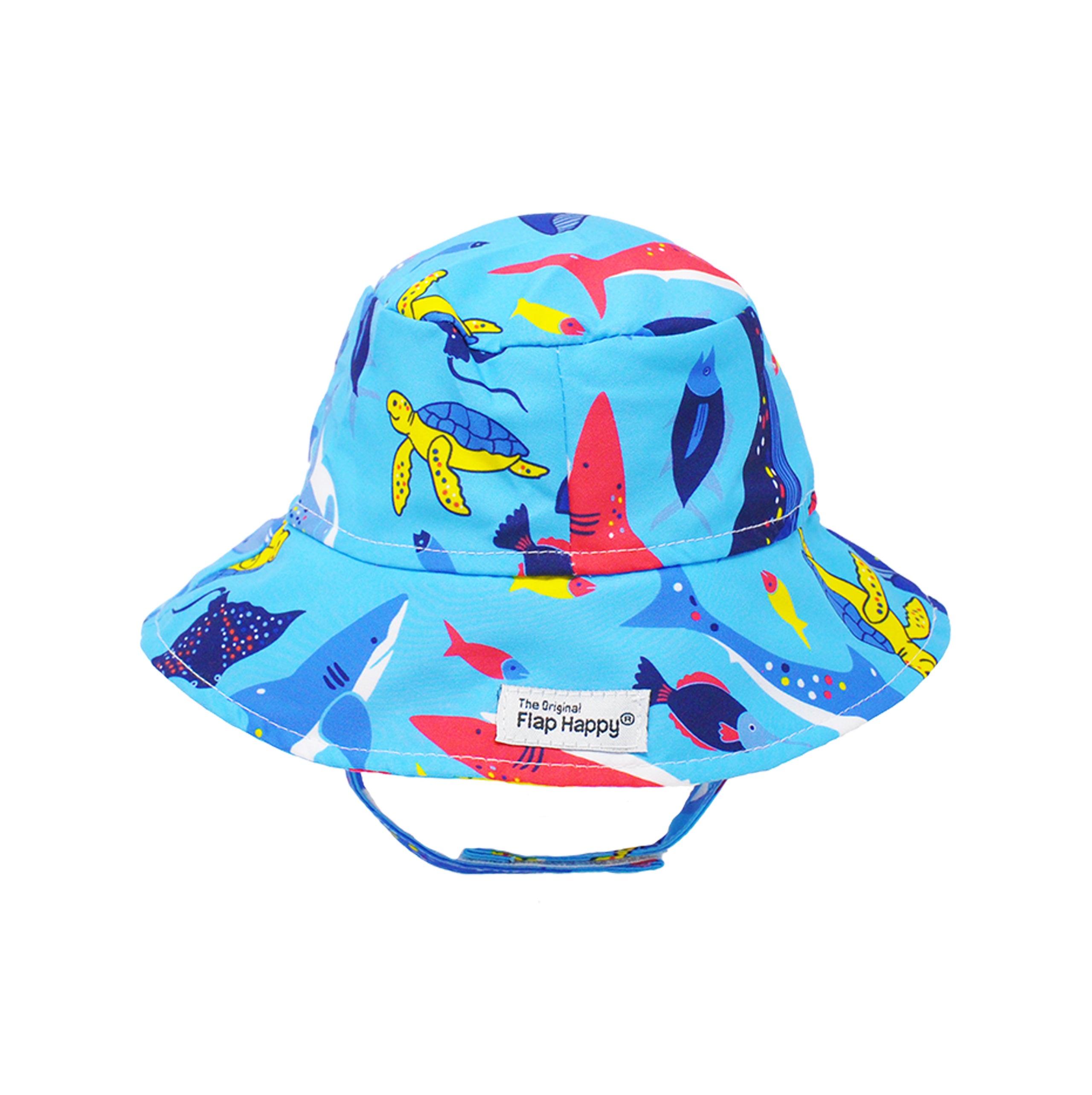 Flap Happy Kids UPF 50+ Bucket Hat Sun Hat in Ocean Fiesta for sun protection. The Print is Blue with watercolor turtles, Whales and fishes.