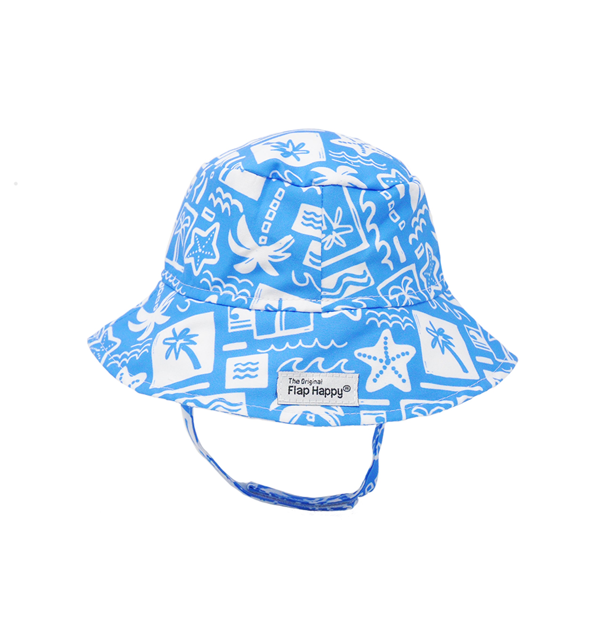 Flap Happy Kids UPF 50+ Bucket Hat Sun Hat in Seaside Palms for sun protection. . The print has white icons of palm trees, water waves and starfish on a blue background.