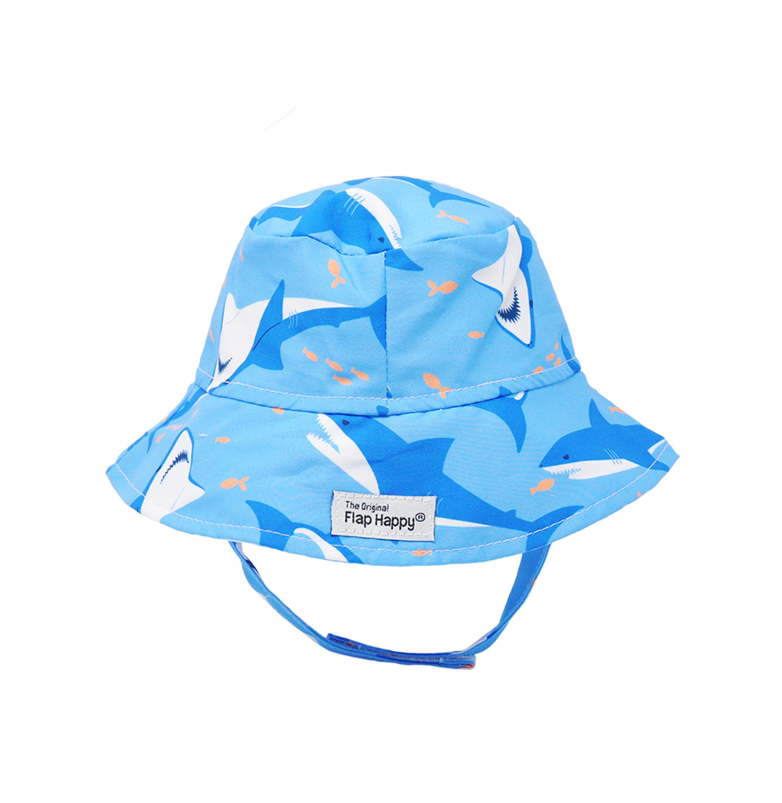 Flap Happy Kids UPF 50+ Bucket Hat Sun Hat in Shark Cyclone for sun protection. . The print has white and light blue sharks with small orange fishes.