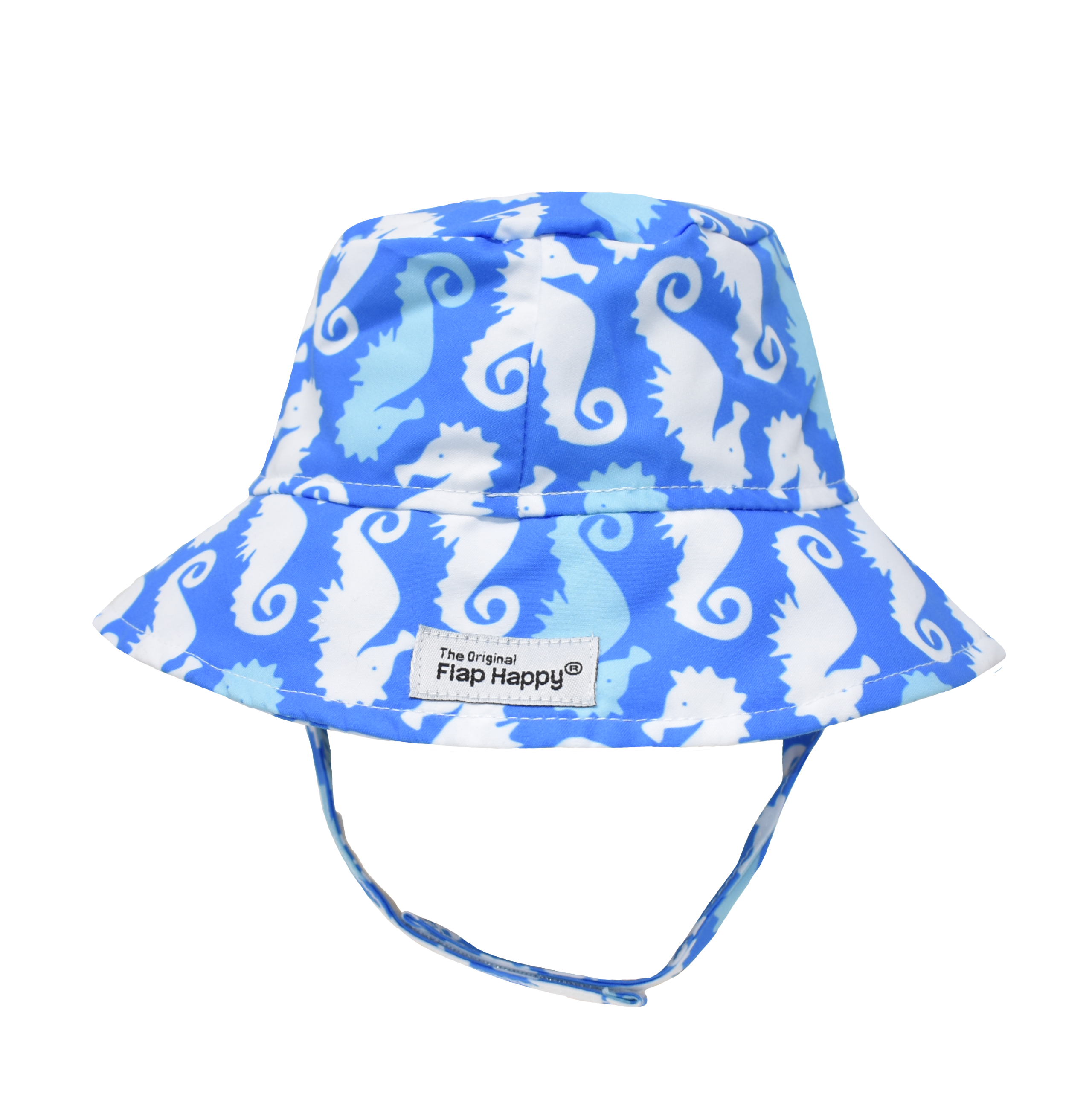 UPF 50+ Bucket Hat - Seahorse Parade Blue. Blue hat with light blue and white seahorses. Velcro chin strap.