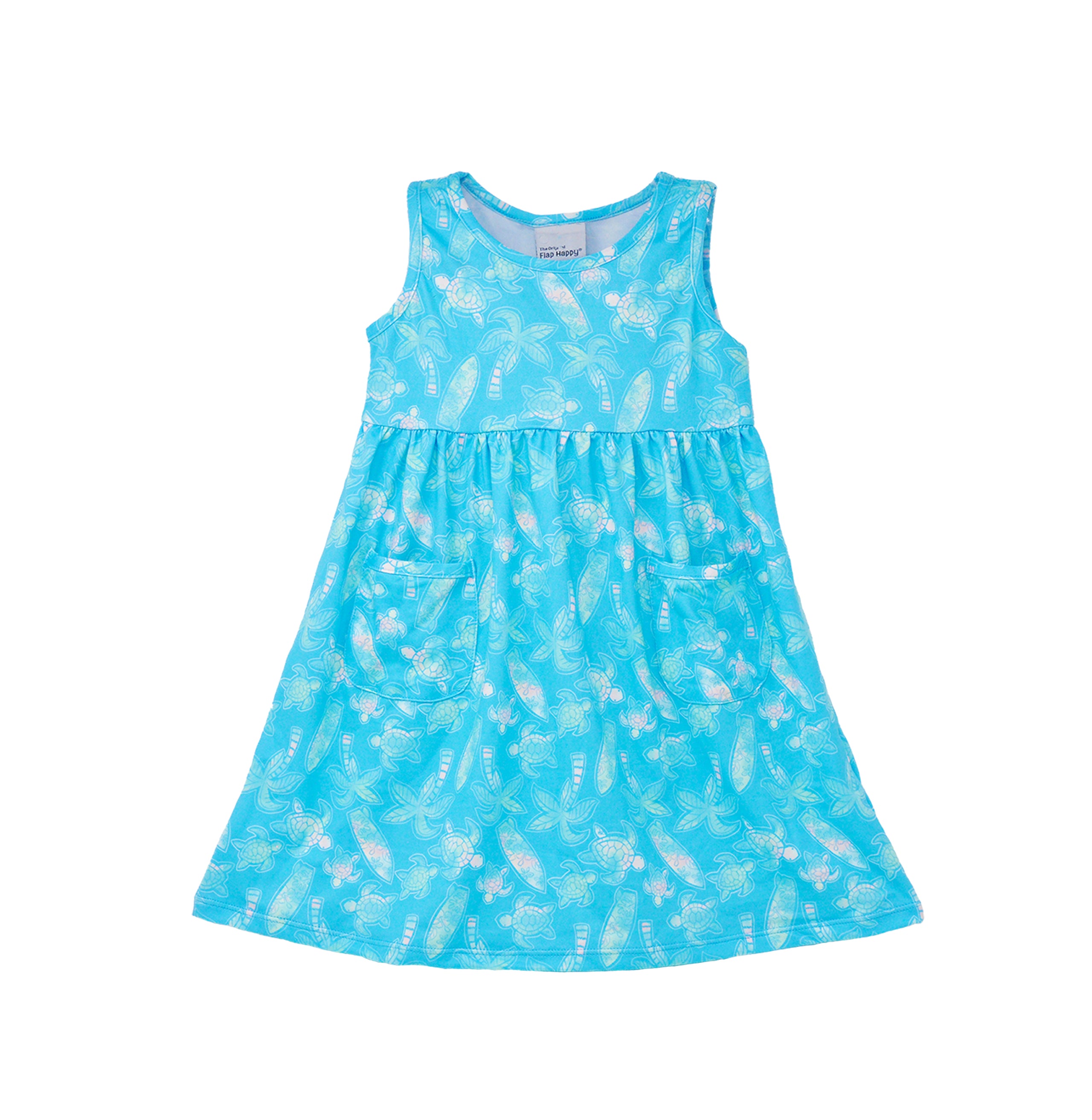 Flap Happy Kids UPF 50+ sleeveless dress with pockets Coco Beach Turtles for sun protection. The Print is Turquoise with watercolor turtles. surfboards and palm trees.