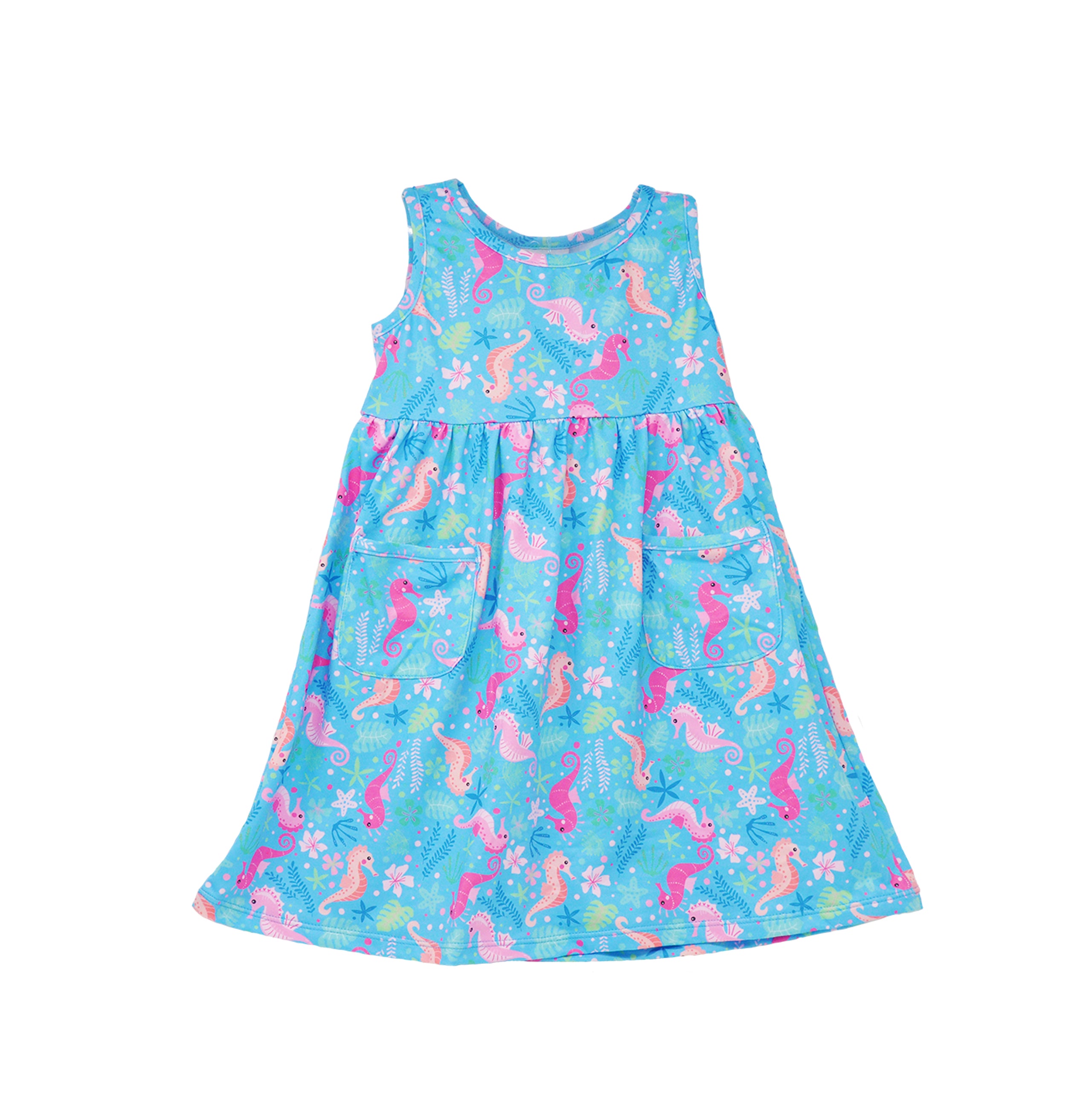 Flap Happy Kids UPF 50+ sleeveless dress with pockets Seahorse Garden for sun protection. The Print is blue background with pink and peach seahorses, star fish, flowers and foliage.
