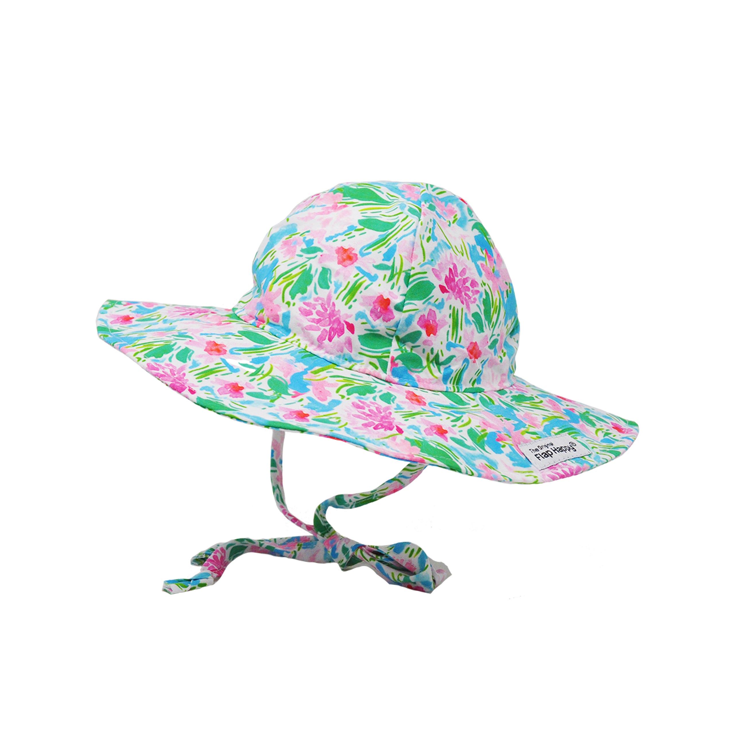 Flap Happy Kids UPF 50+ Floppy Sun Hat in Lotus and Lilies The print has green color lotus, and Pink Lilies.