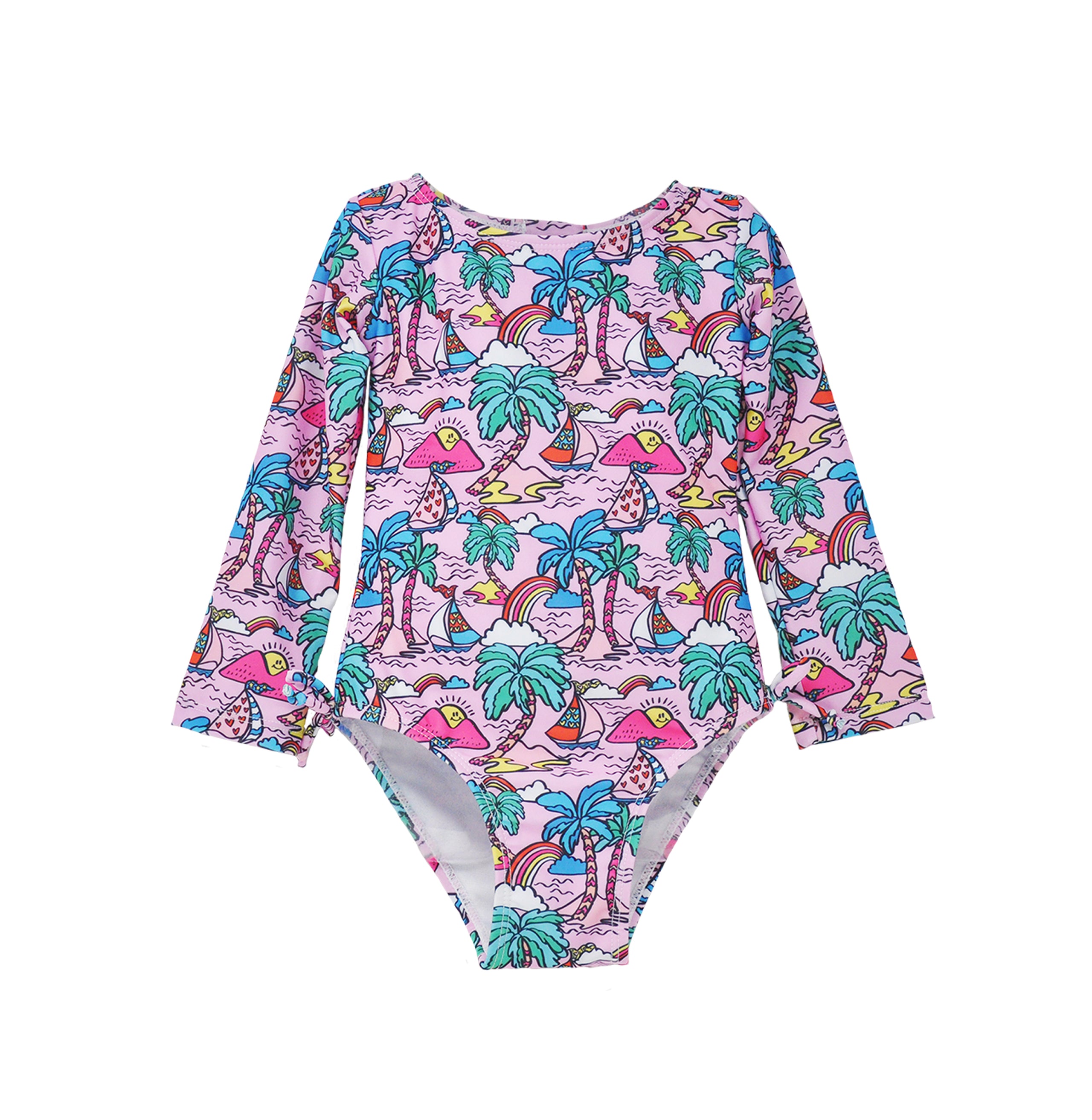 Flap Happy Kids UPF 50 Long sleeve Rash Guard swimsuit Island Doddles for sun protection. The Print is Pink background with colorful Sail boats, palms trees and rainbows,