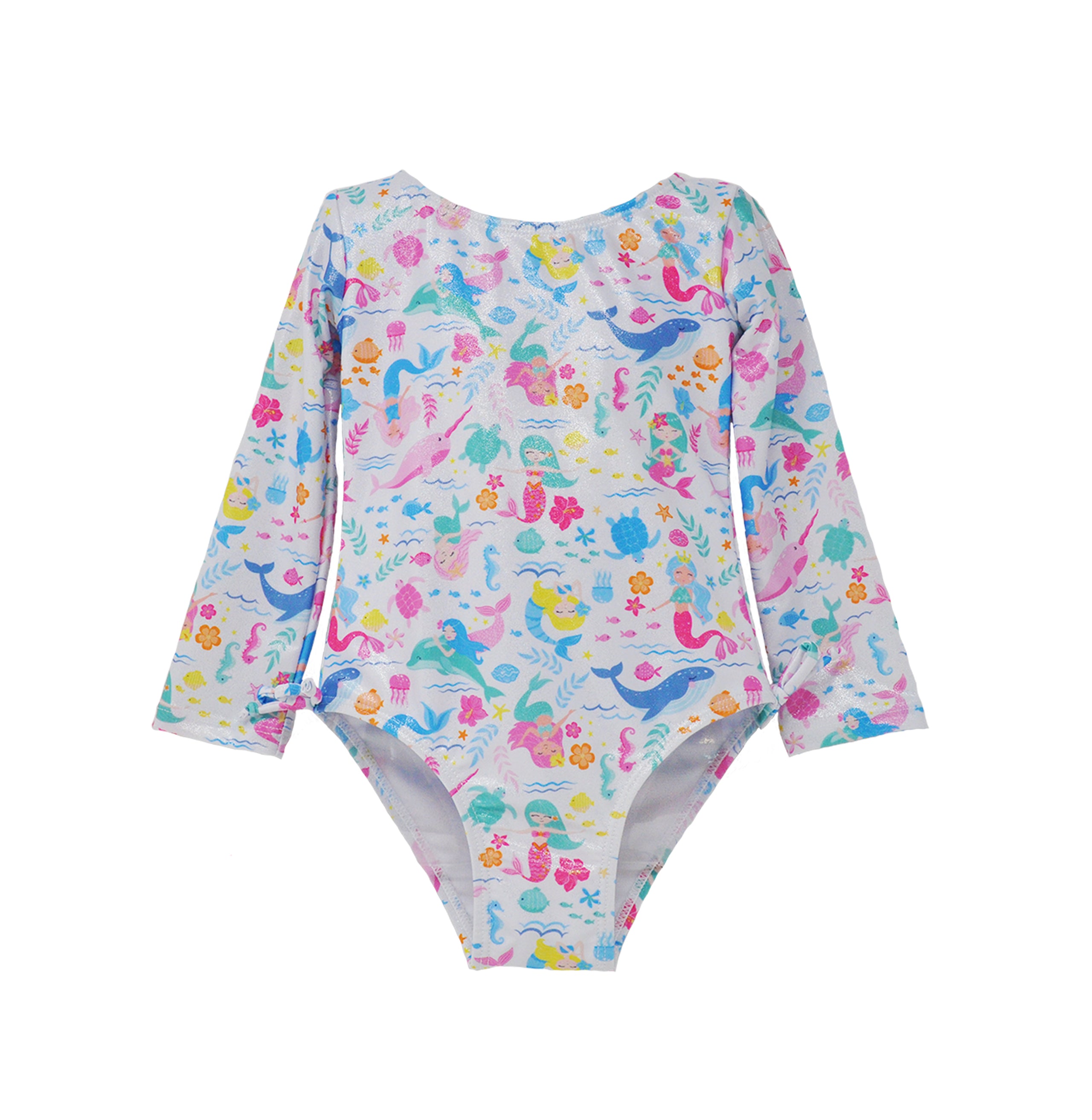 Flap Happy Kids UPF 50 Long sleeve Rash Guard swimsuit Mermaid Friends for sun protection. The Print is white background with colorful mermaids. surrounded with whales, fish, and turtles.