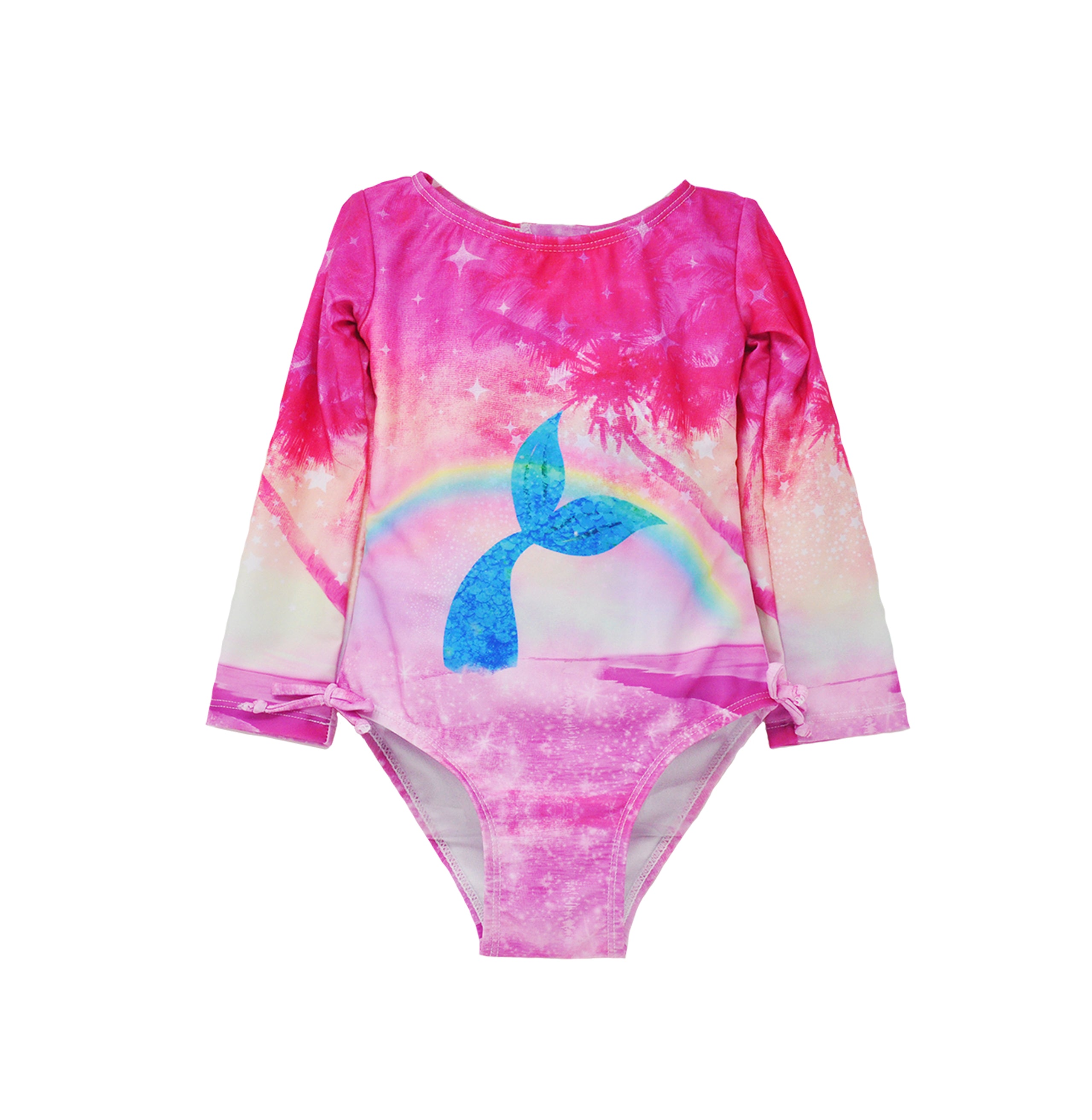 Flap Happy Kids UPF 50 Long sleeve Rash Guard swimsuit Rainbow Splash for sun protection. The Print is Pink background with a colorful rainbow and a mermaid tail in the center.