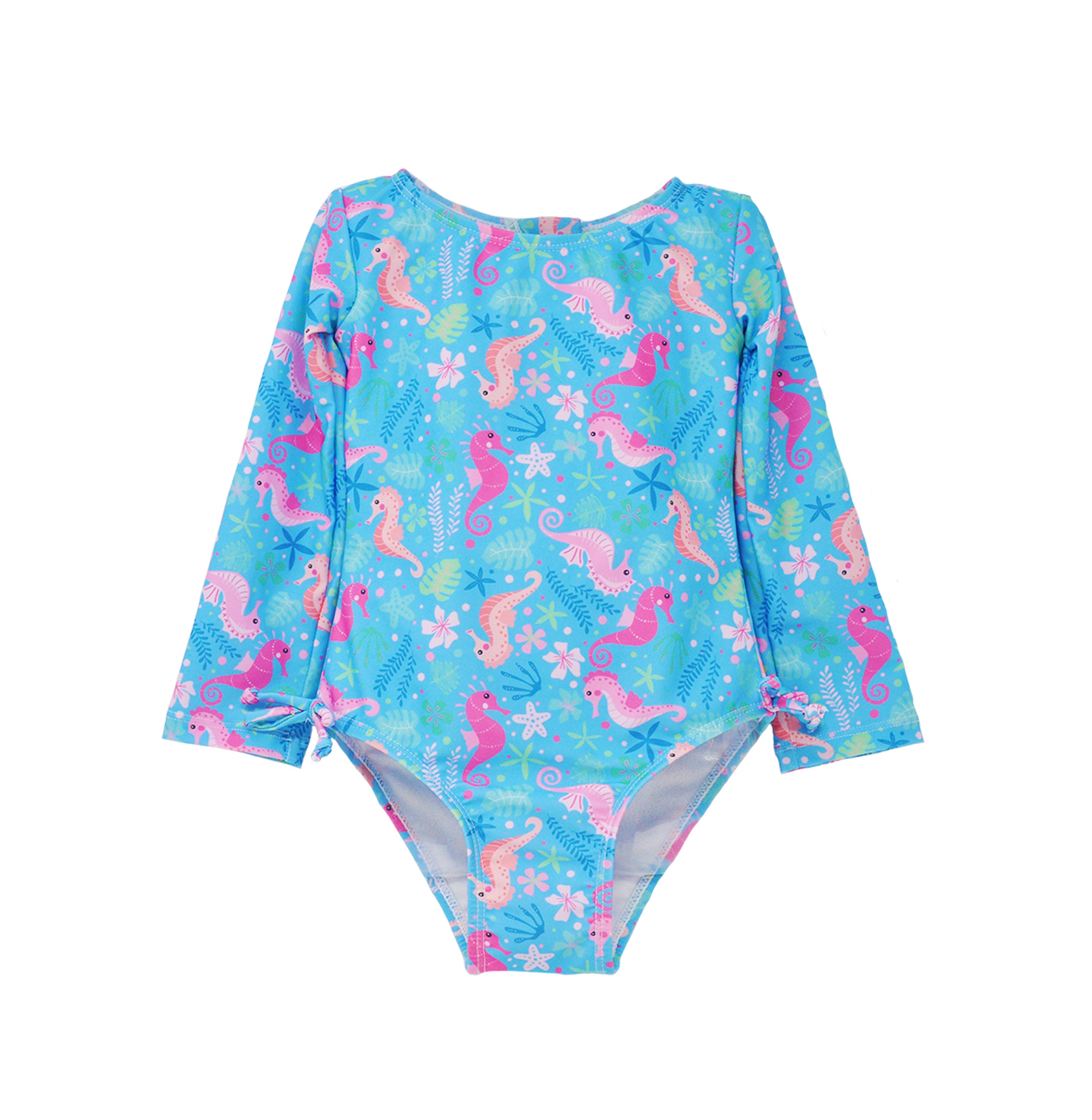 lap Happy Kids UPF 50 Long sleeve Rash Guard swimsuit Seahorse Garden for sun protection. The Print is Blue with Orange and Pink seahorses. surrounded by under the sea leaves and flowers.