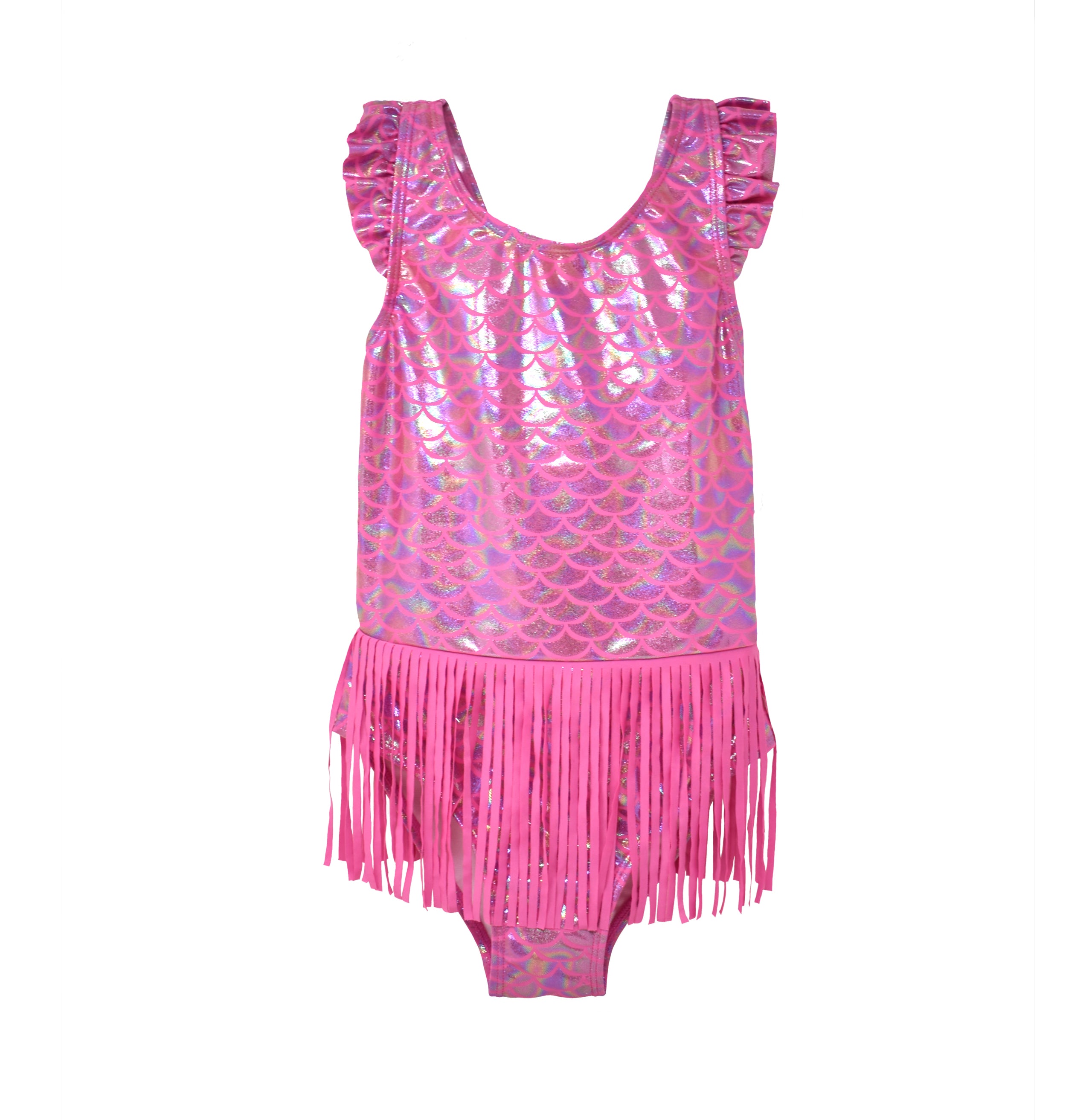 UPF 50+ Keilani One-Piece Swimsuit - Shiny Pink Scales. One piece swimsuit made of hot pink shiny mermaid scale fabric, with ruffles on the shoulders and a fringe skirt.