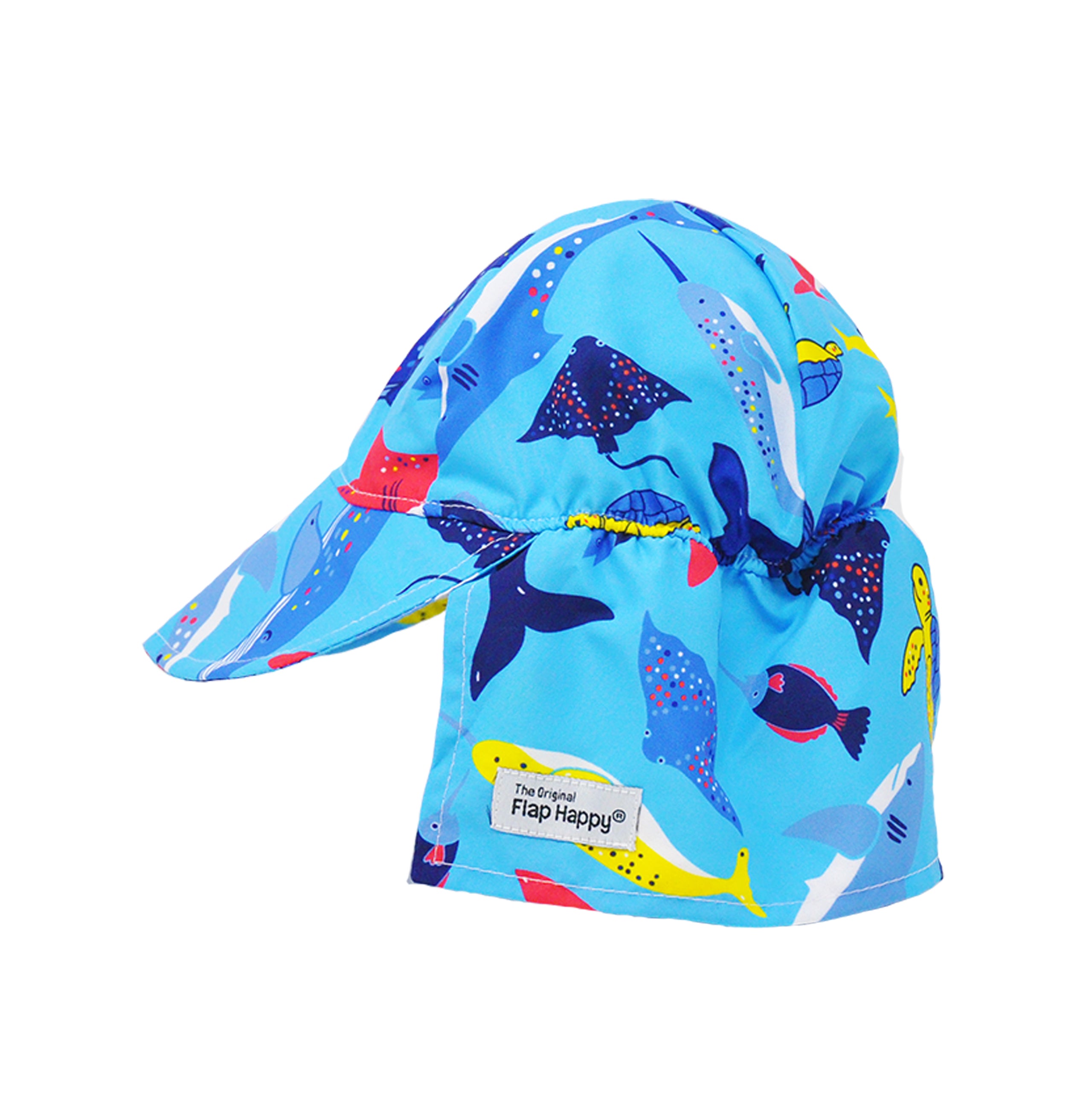 Flap Happy Kids UPF 50+ Original Flap Hat Sun Hat in Ocean Fiesta for sun protection. . The print has colorful fish, whales and stink rays.