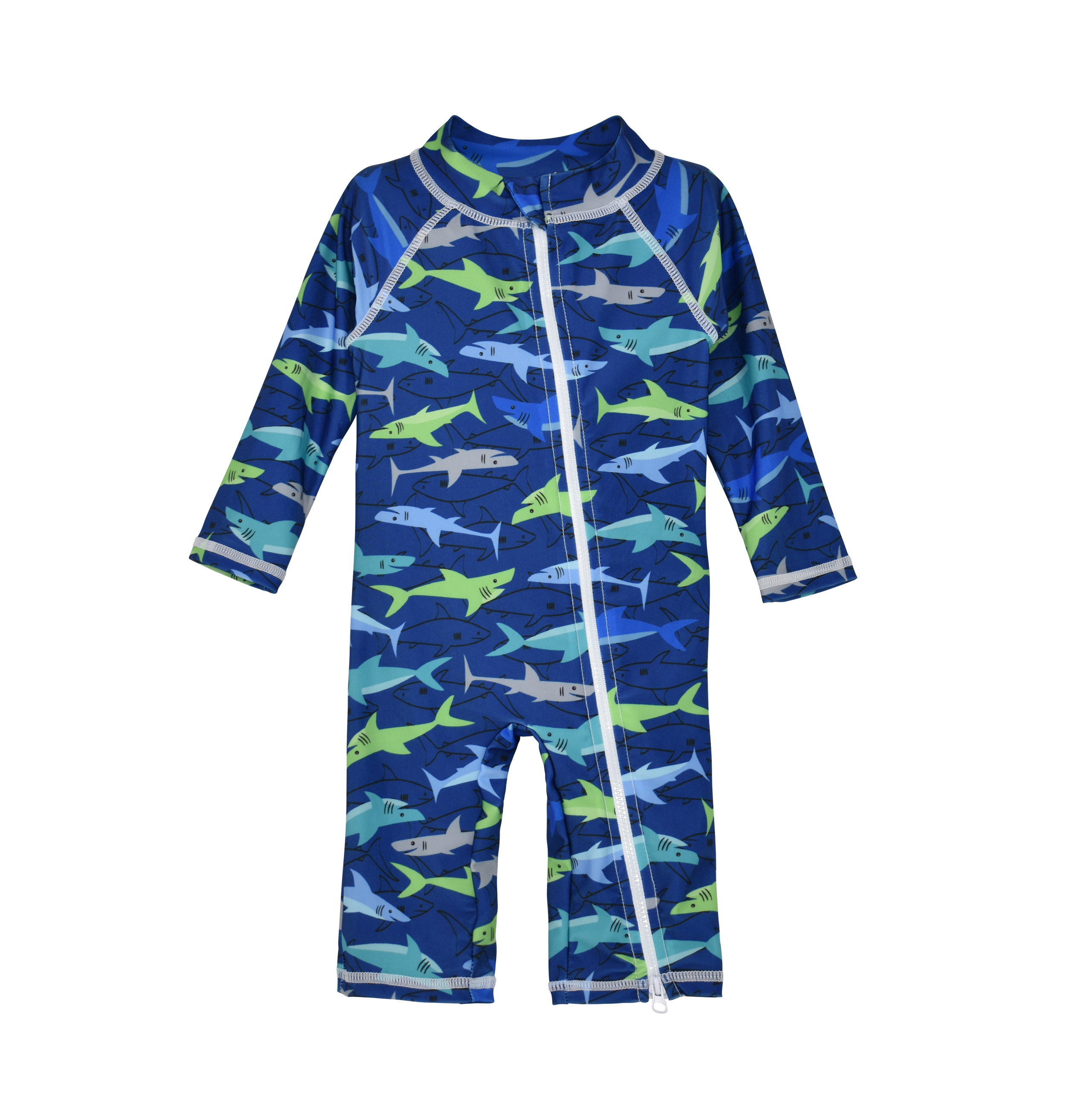 UPF 50+ Long Surf Swimsuit - Sharky. Navy blue, long sleeve romper with bright green, light blue and grey sharks. White full length zipper on front. Ankle length.