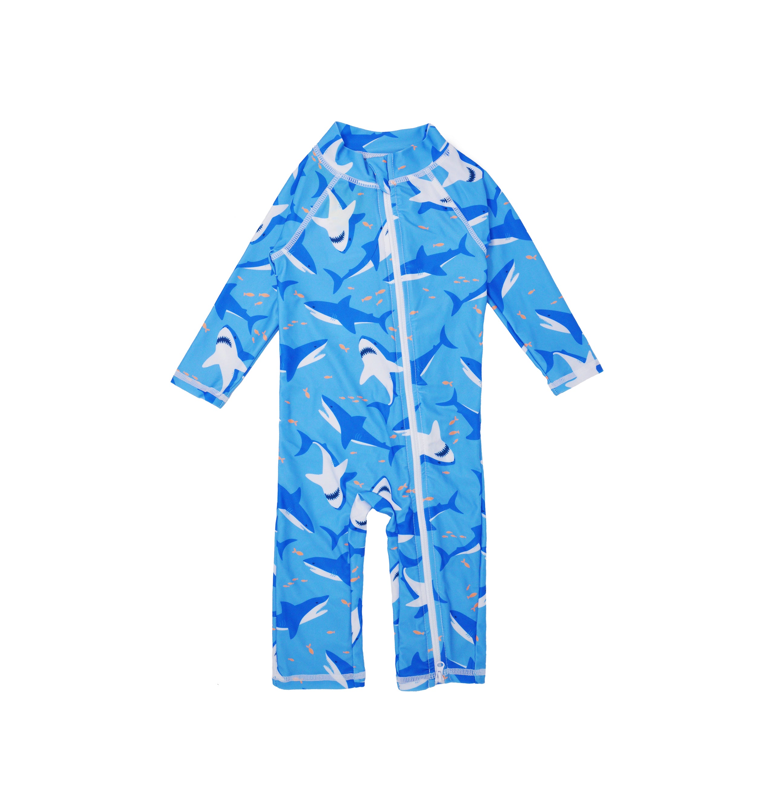 Flap Happy Kids UPF 50+ Long Surf Swimsuit- Ankle Length in Shark Cyclone for sun protection. The Print is Blue background with light blue sharks and small Orange fishes.