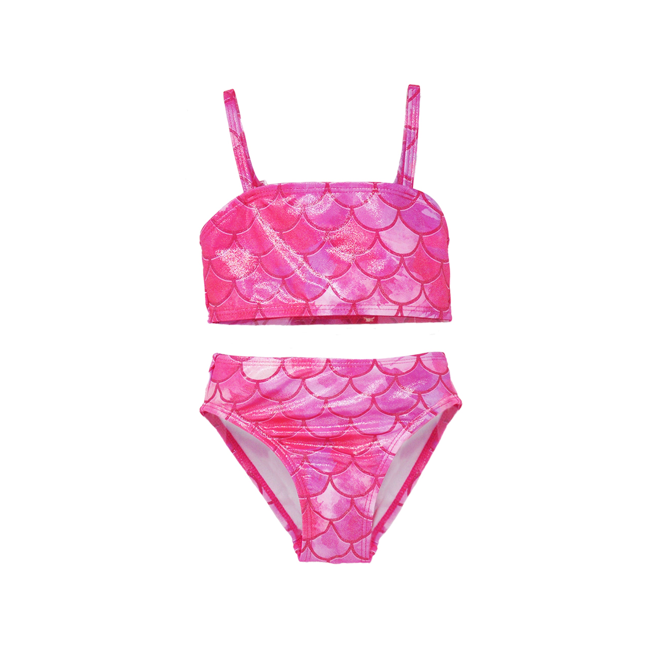 Flap Happy Kids UPF 50+ 3 piece Mermaid Swim Set for sun protection. The Print is pink scales with shimmer effect