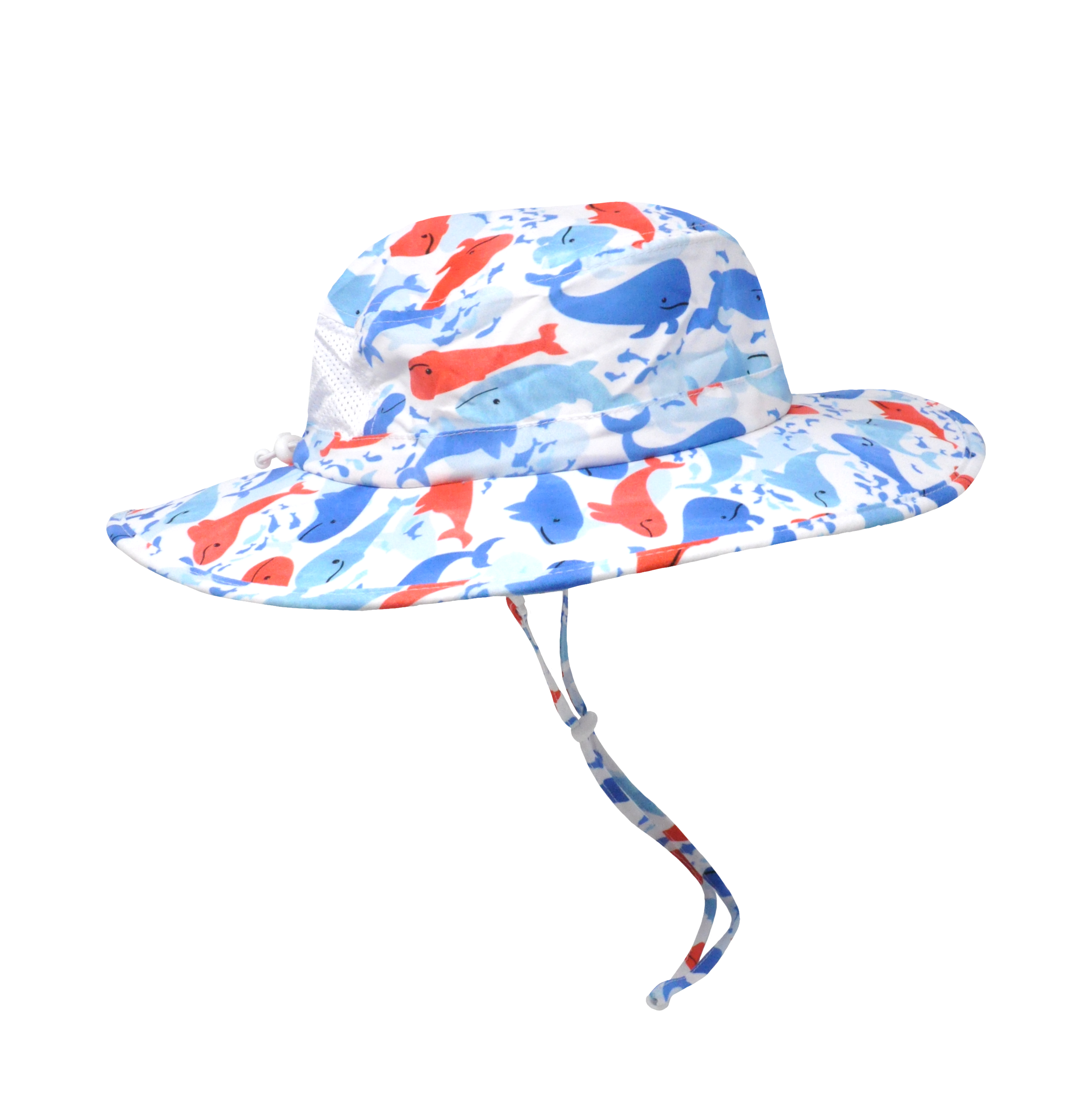 Kids UPF 50+ Kai Adventure Hat - Splish Splash Whale Blue. White hat with red, light blue and dark blue watercolor whales. White mesh on back. White drawstring and clasps.