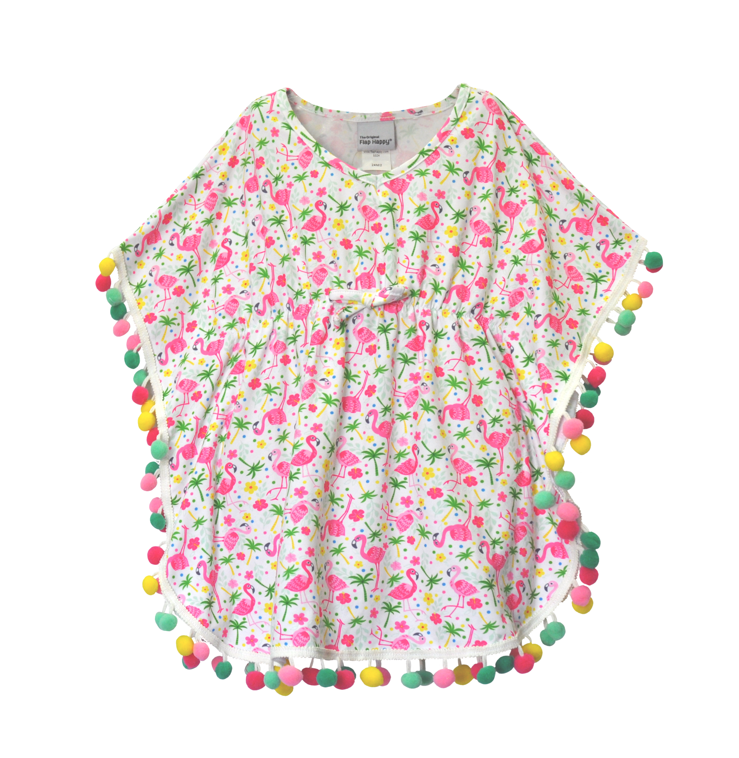 UPF 50+ Kaia Beach Swim Cover Up - Flamingo Party, white poncho with dark and light pink flamingos, pink and yellow hibiscus flowers, green palm trees and multicolor polka dots, with a multicolor pom-pom trim.