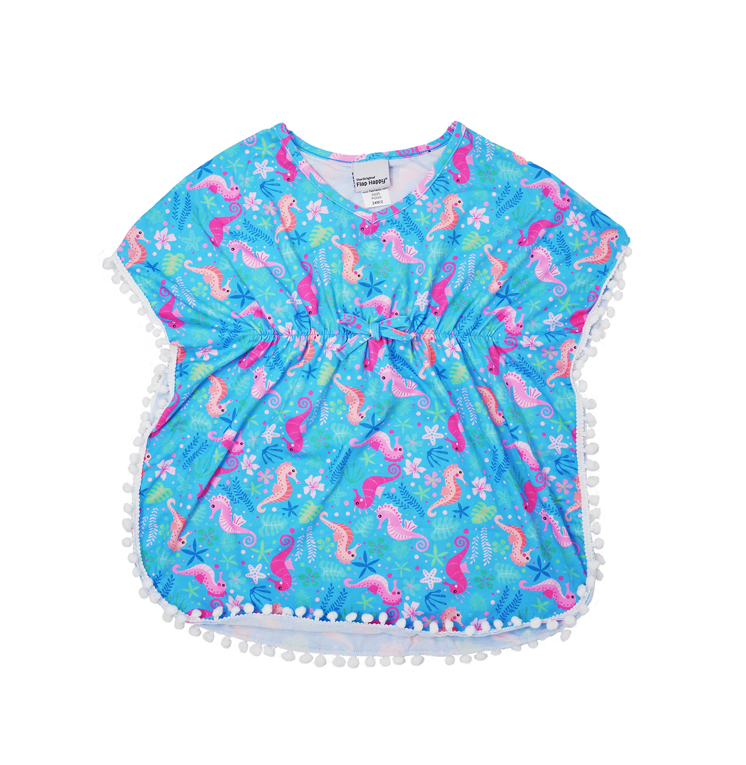 Flap Happy Kids UPF 50 Kaia Beach Swim Cover-up Seahorse Garden for sun protection. The Print is Blue background with Orange and Pink seahorses. surrounded by leaves and flowers.