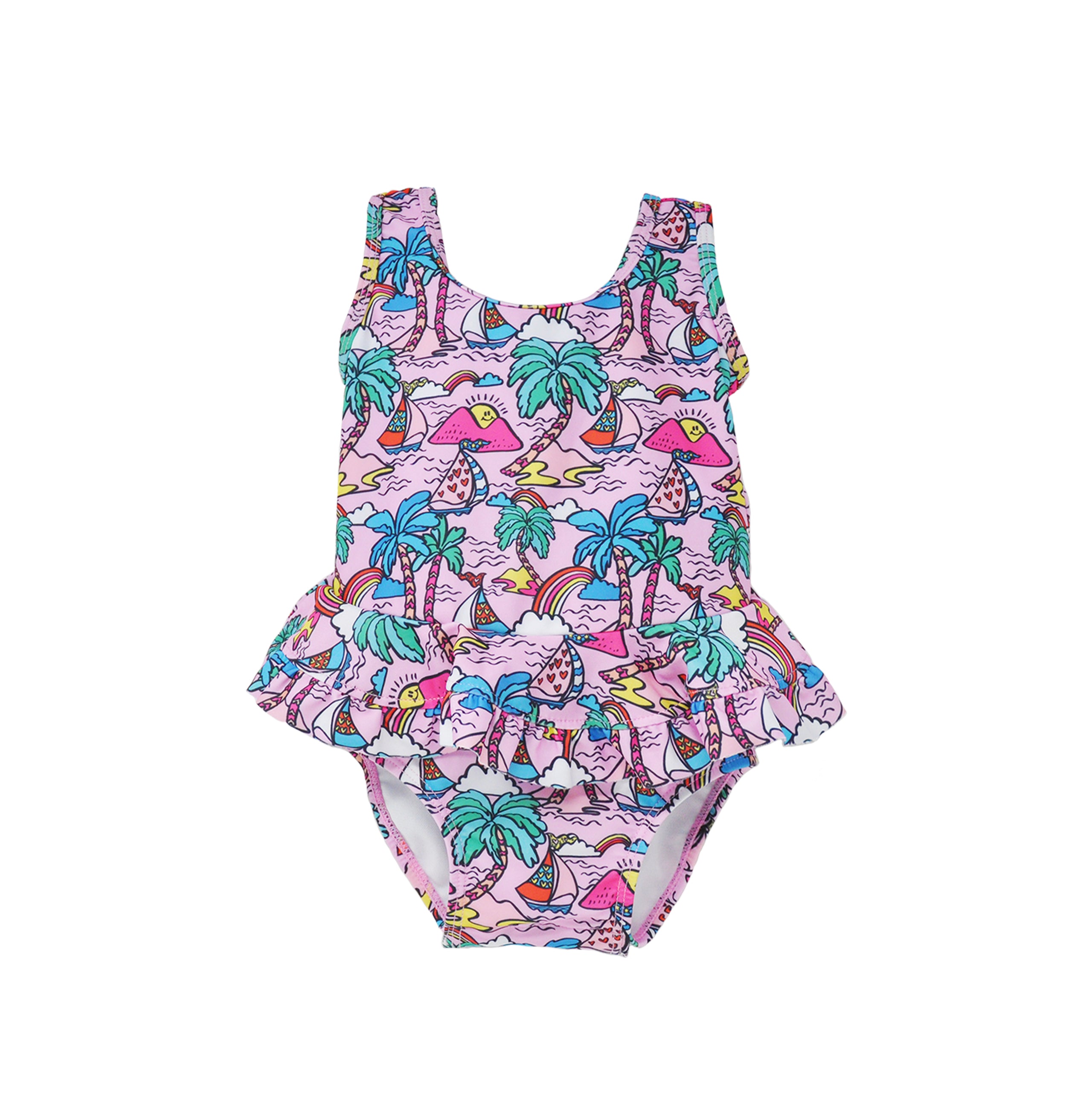 Flap Happy Kids UPF 50+ Infant Ruffle swimsuit in Island Doodles for sun protection. The Print is Pink with colorful palms, rainbow and sail boats.