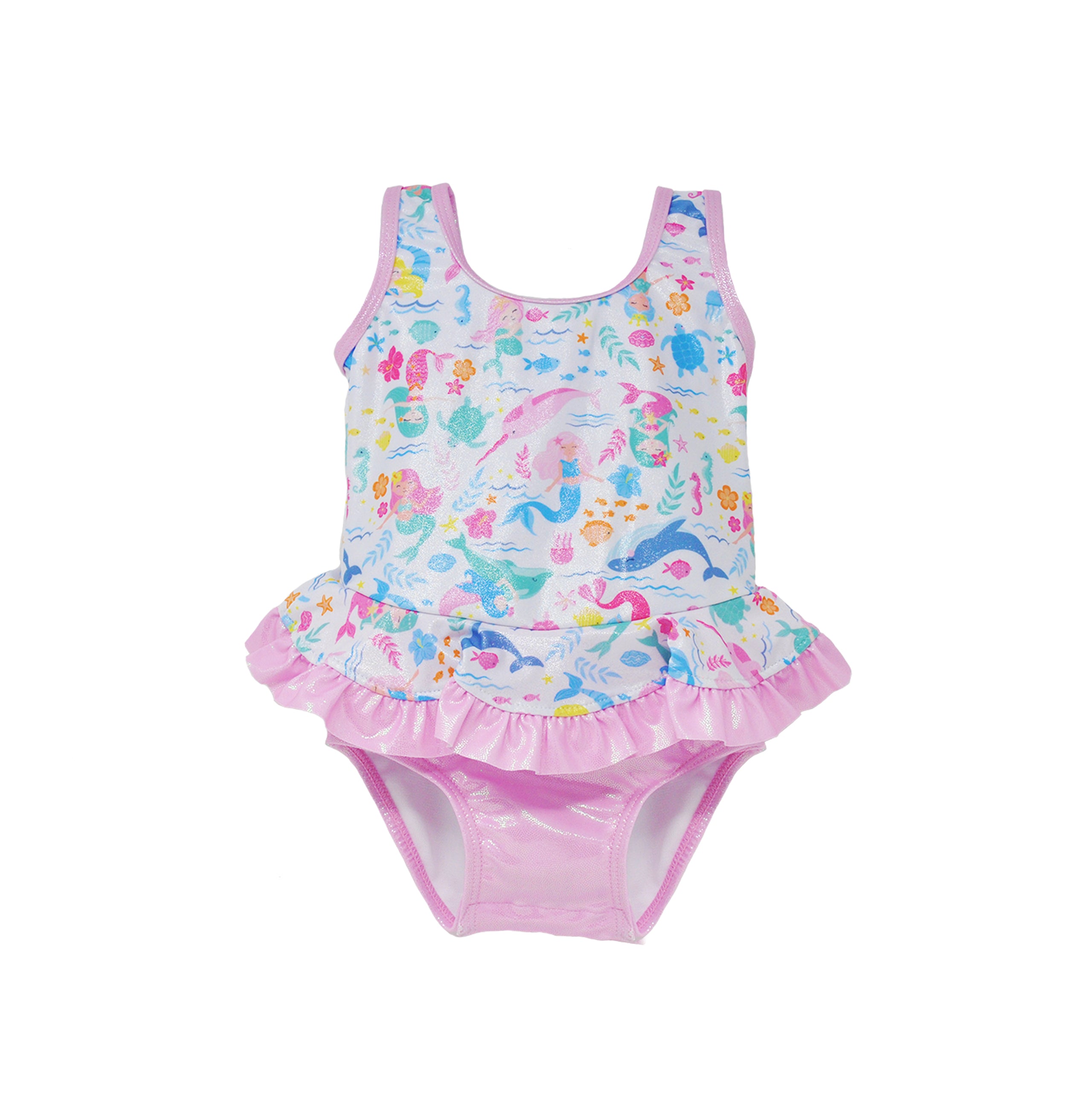 Flap Happy Kids UPF 50+ Infant Ruffle swimsuit in Mermaid Friends for sun protection. The Print is Pink with colorful mermaids, turtles and whales.
