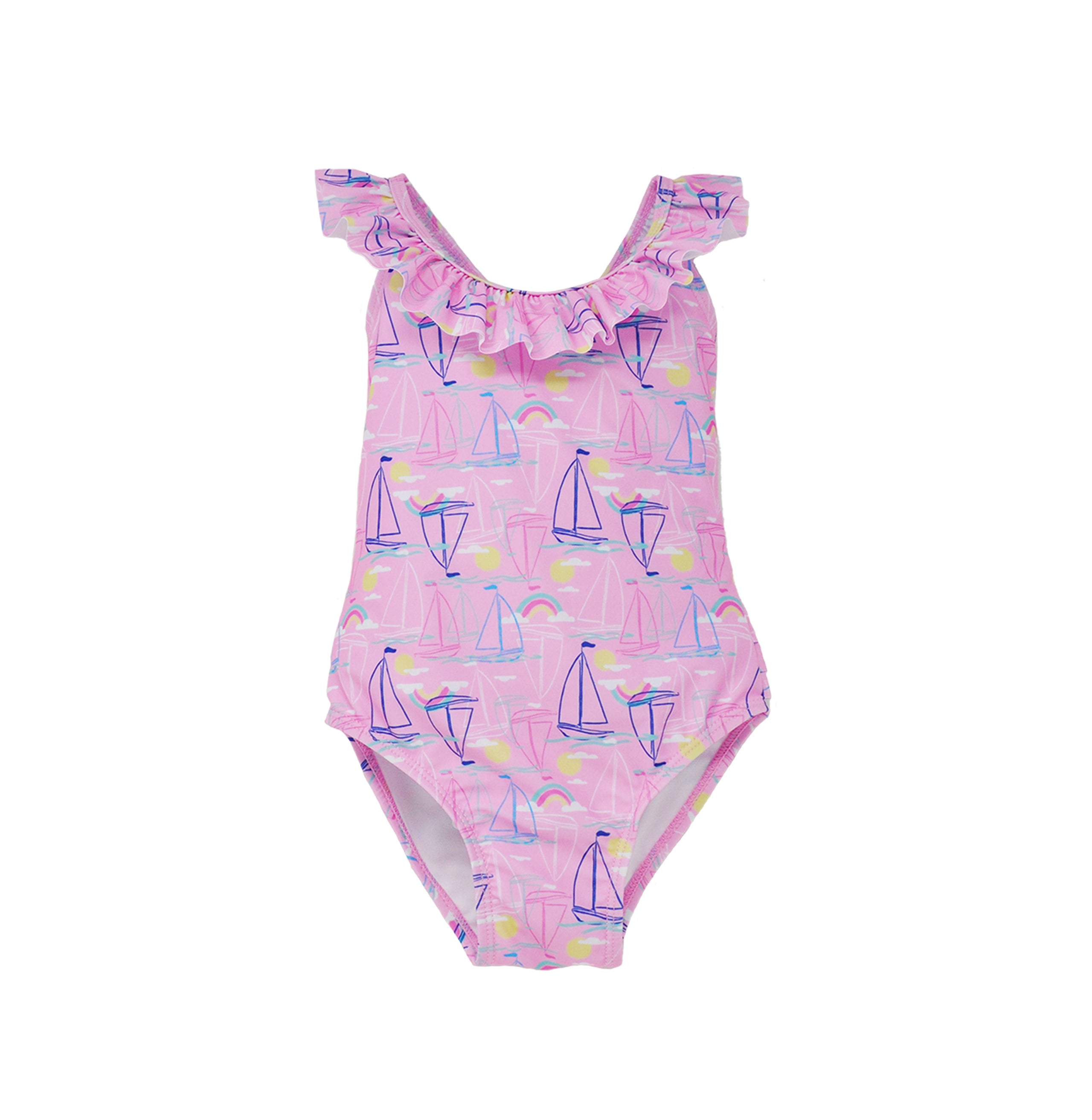 Flap Happy Kids UPF 50+ Crossback swimsuit Sail Away for sun protection. The Print is pink with blue, white and pink sail boats. surrounded by yellow suns and rainbows.