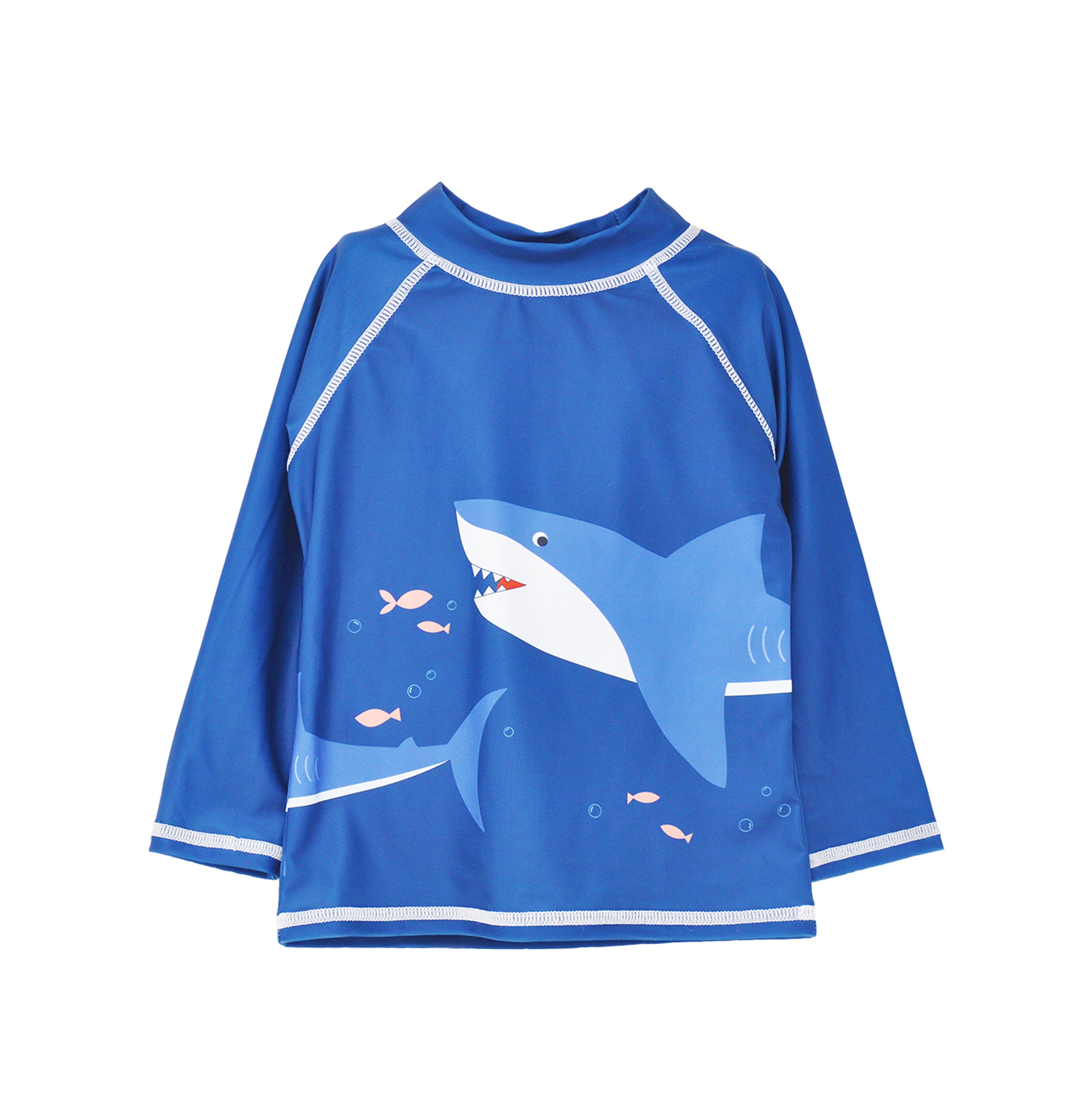 Flap Happy Kids UPF 50+ Rash Guard Swim Top in Shark Cyclone for sun protection. The Print is a sharks with small orange fishes.