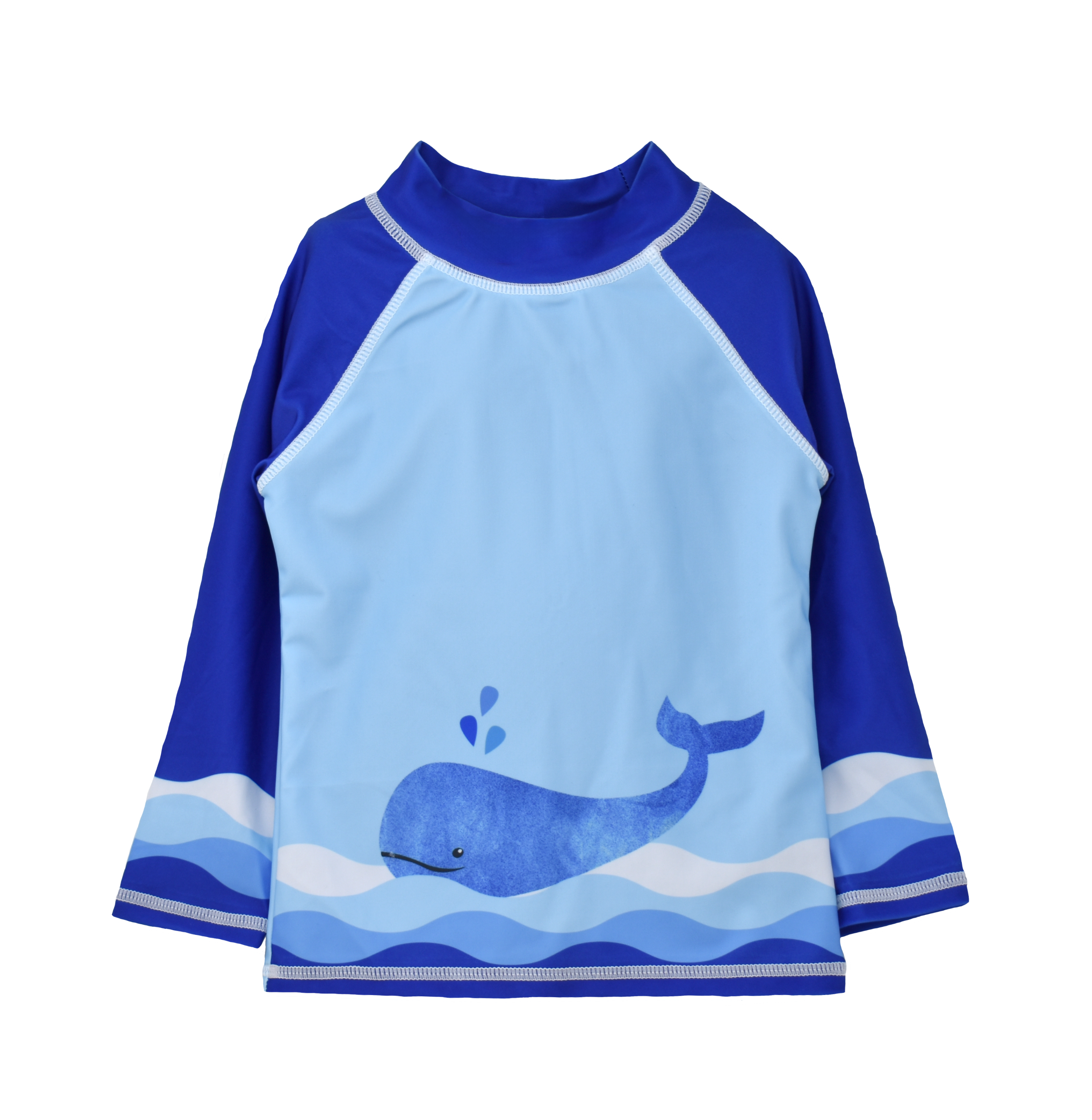 UPF 50+ Graphic Rash Guard Swim Top - Splish Splash Whale Blue. Light blue rashguard with watercolor blue whale and waves on front. Navy sleeves and neck. Waves graphic on ends of sleeves.