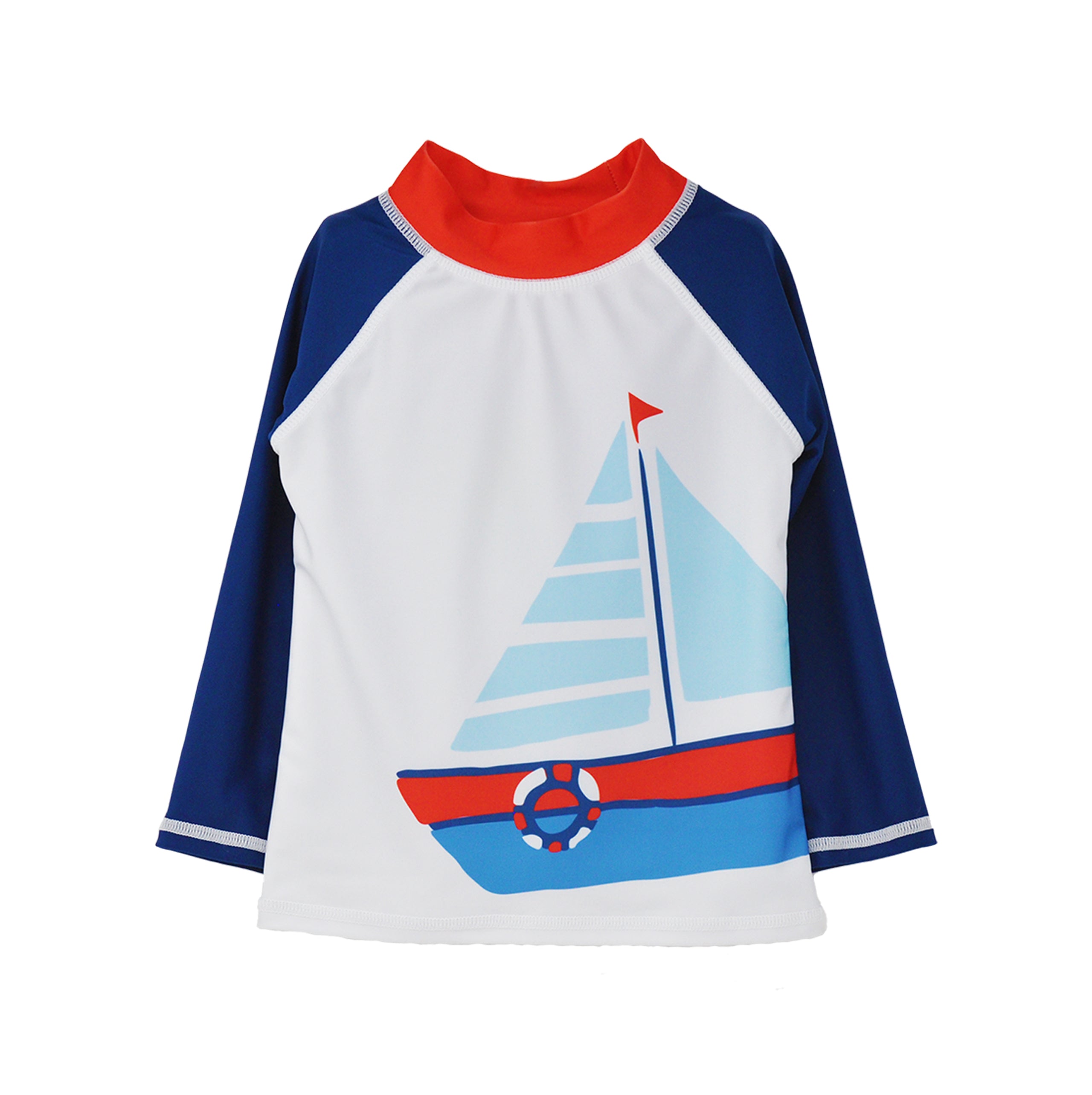 Flap Happy Kids UPF 50+ Rash Guard Swim Top in Nautical Fun a for sun protection. The Print is a Sail boat with blue sleeves and c