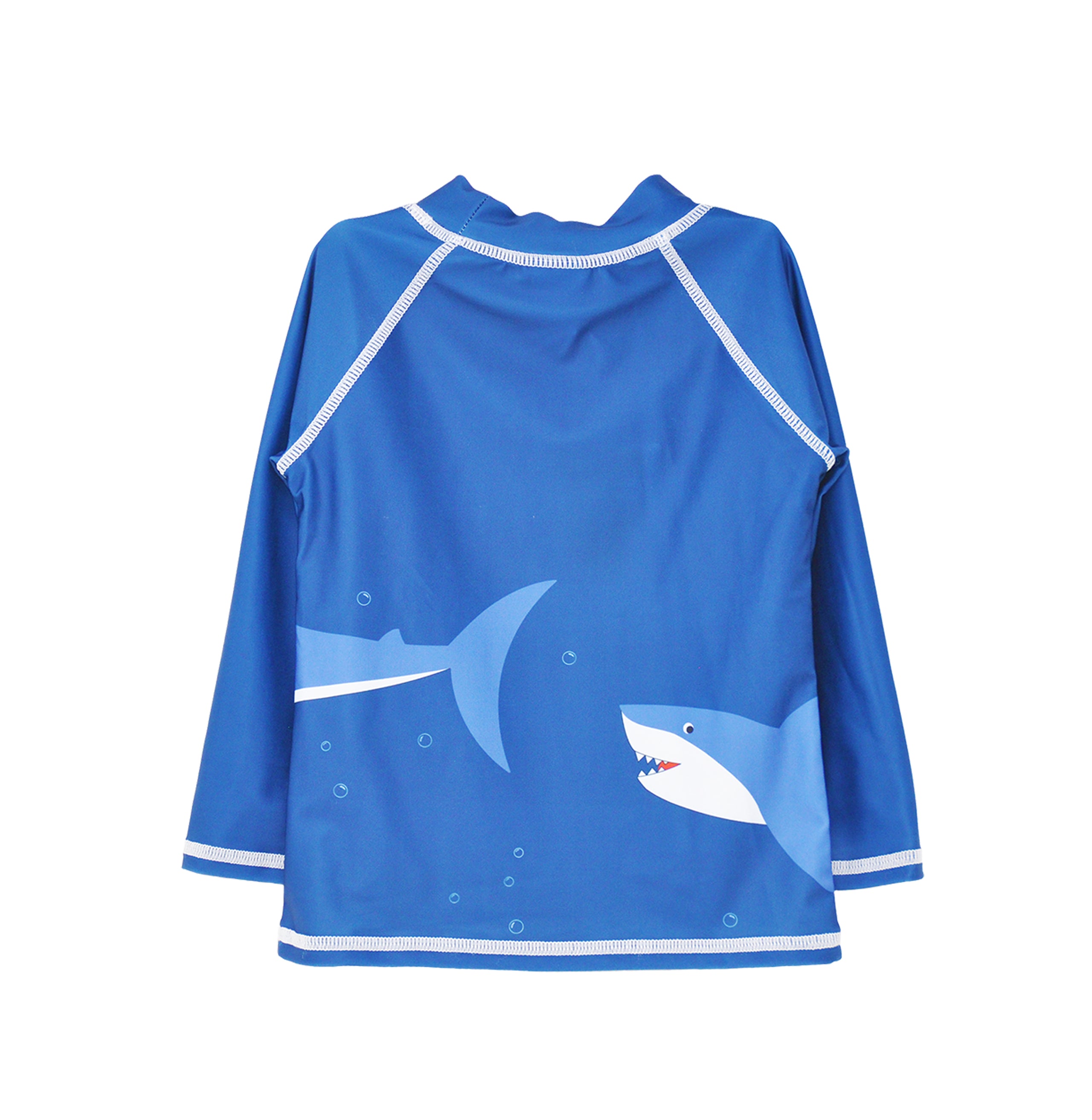 Flap Happy Kids UPF 50+ Rash Guard Swim Top in Shark Cyclone for sun protection. The Print is a sharks with small orange fishes.