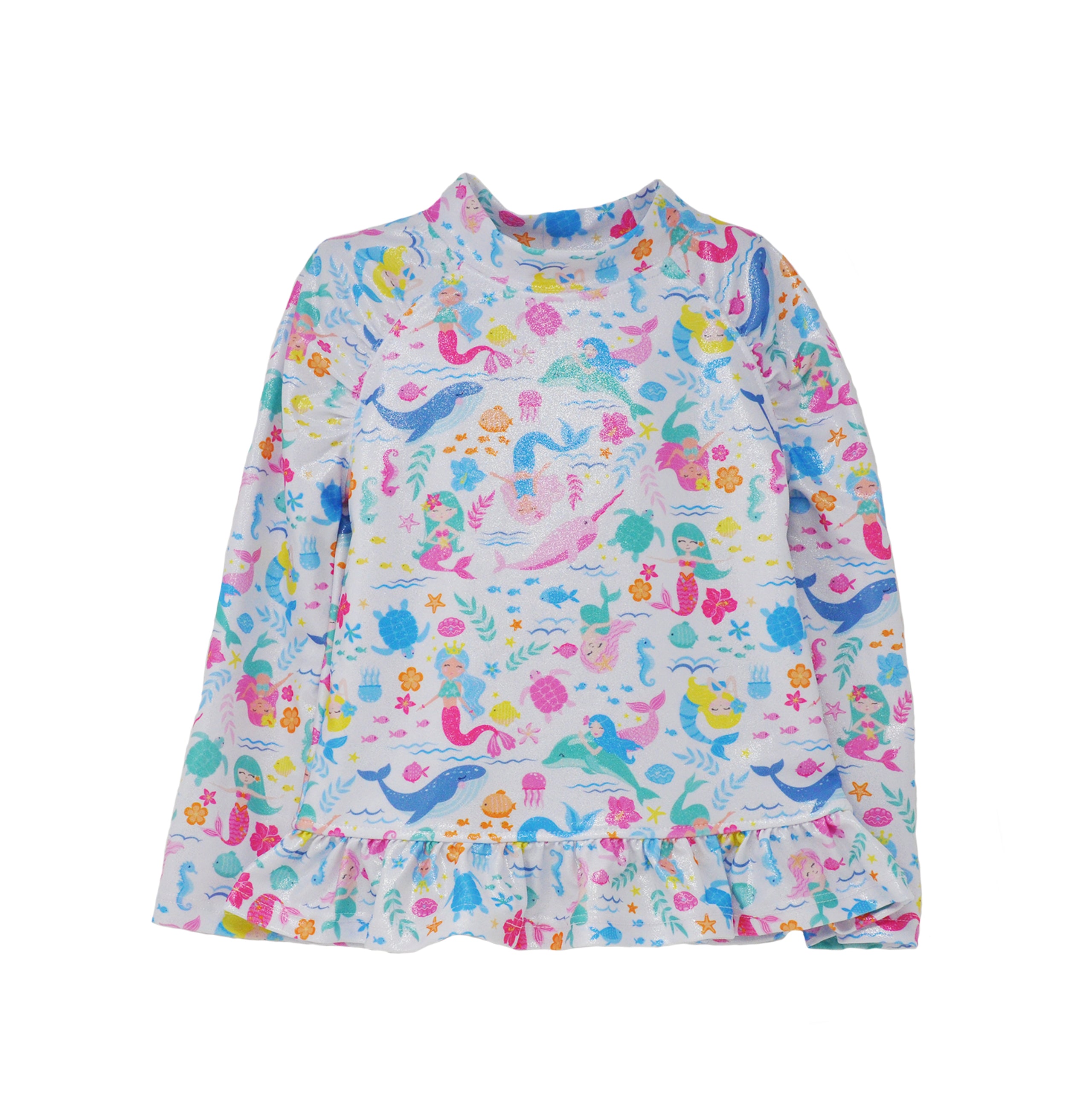 Flap Happy Kids UPF 50+ Rash Guard Swim Top in a mermaid Friends for sun protection. The Print has colorful mermaids. surrounded by whales, octopus, and fishes.