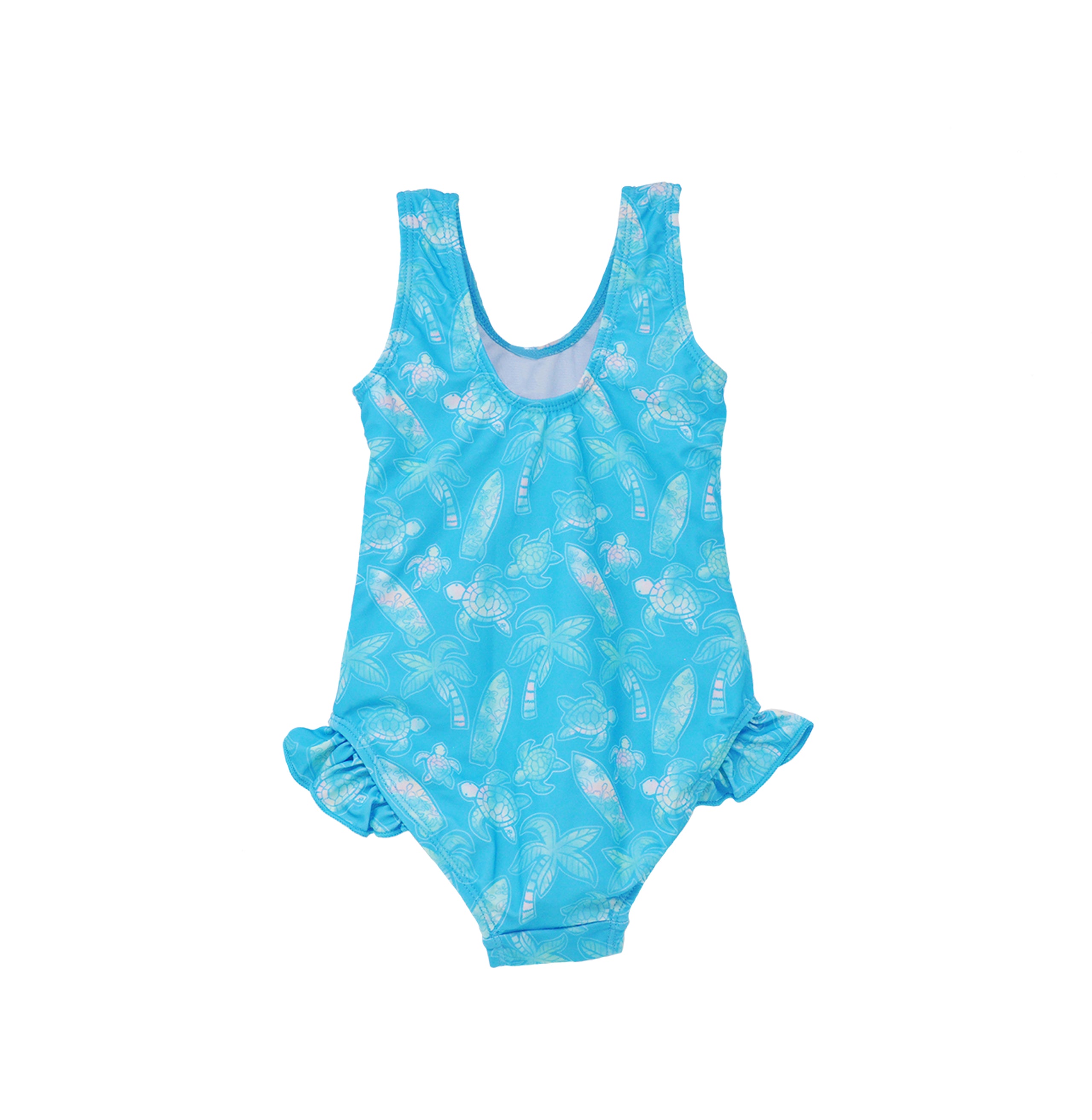Flap Happy Kids UPF 50+ Infant hip Ruffle swimsuit in Coco Beach Turtles for sun protection. The Print is Turquoise with watercolor turtles. surfboards and palm trees.