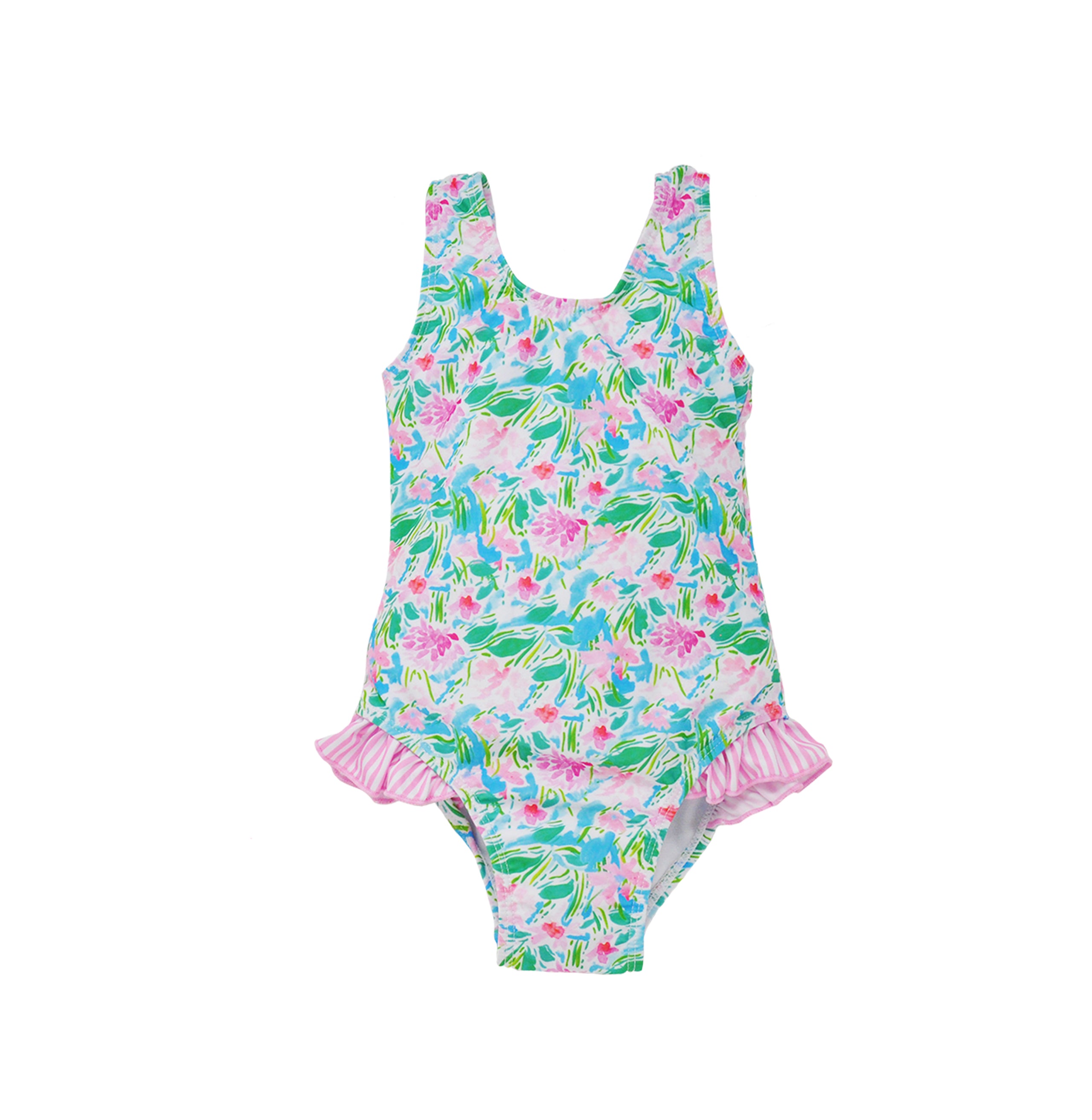 Flap Happy Kids UPF 50+ Infant hip Ruffle swimsuit in Lotus and Lilles for sun protection. The Print has green Lotus and Pink Lillie&