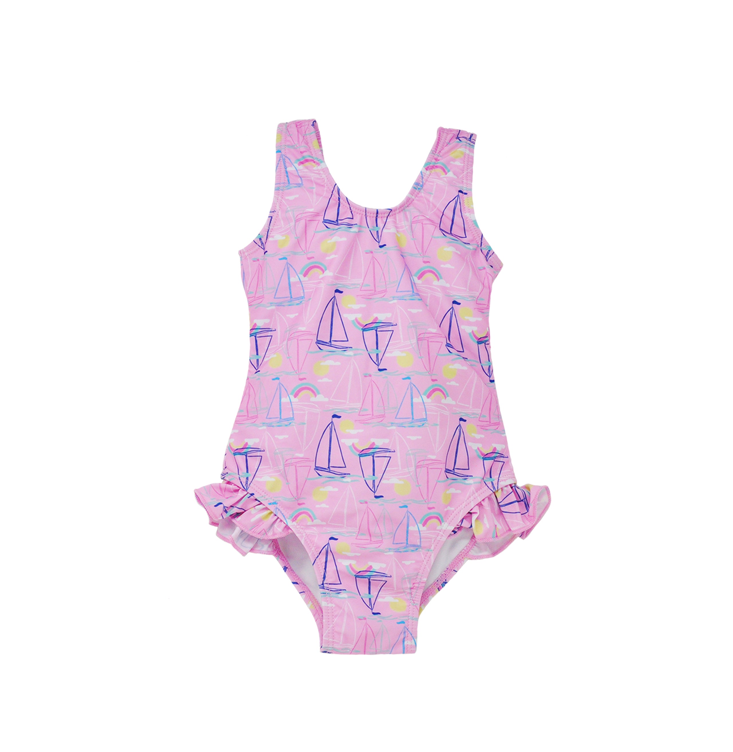 Flap Happy Kids UPF 50+ Infant hip Ruffle swimsuit in Sail Away for sun protection. The Print is pink with blue, pink and white sail boats. surrounded with bright yellow suns and rainbows.