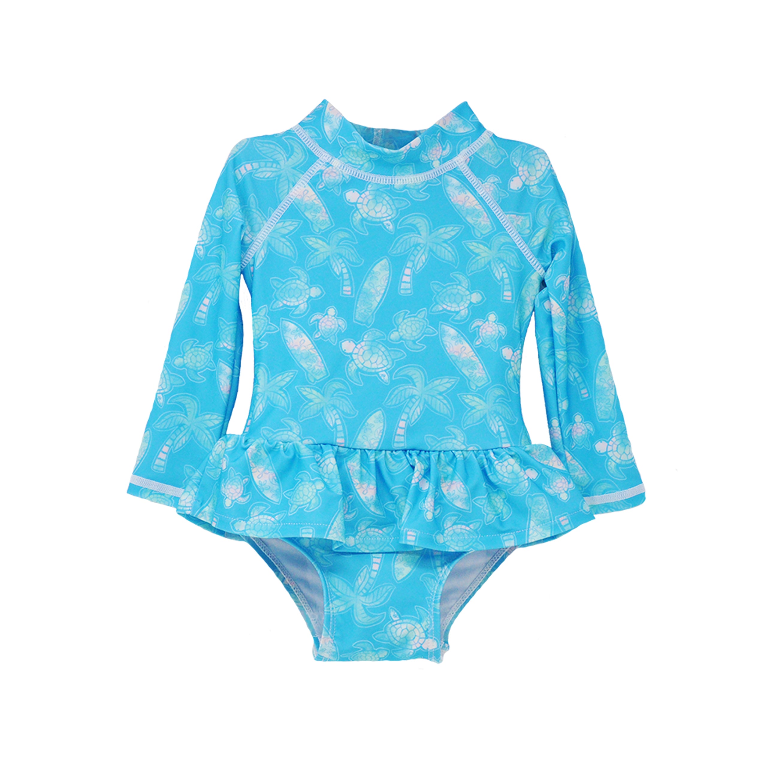 Flap Happy Kids UPF 50+ Infant Ruffle Rash Guard swimsuit in Coco Beach Turtles for sun protection. The Print is Turquoise with watercolor turtles. surfboards and palm trees.