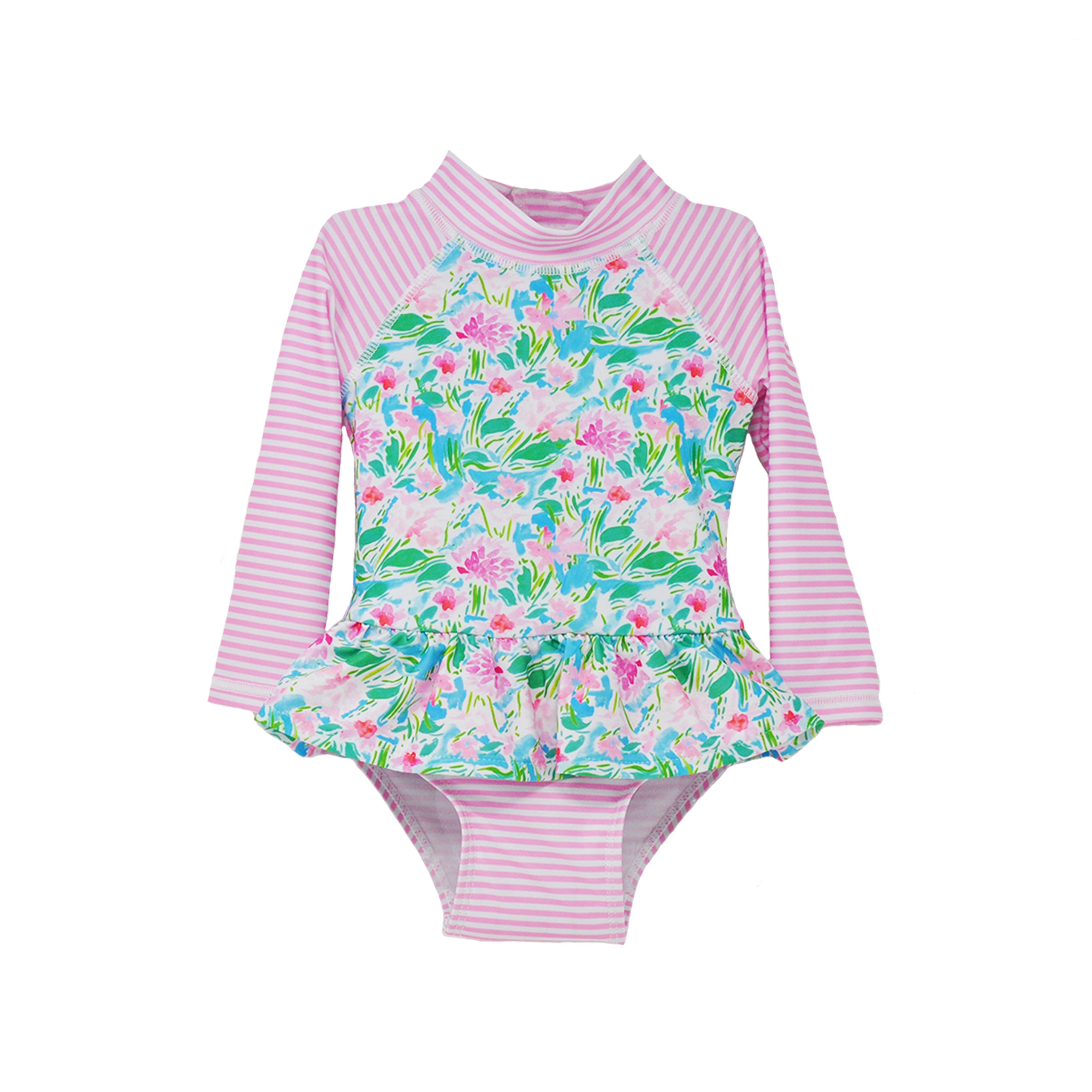 Flap Happy Infants UPF 50+ Ruffle Rash Guard swimsuit in Lotus and Lilies. The print has Pink Lillies and bright green lotus, with sweet pink stripes.
