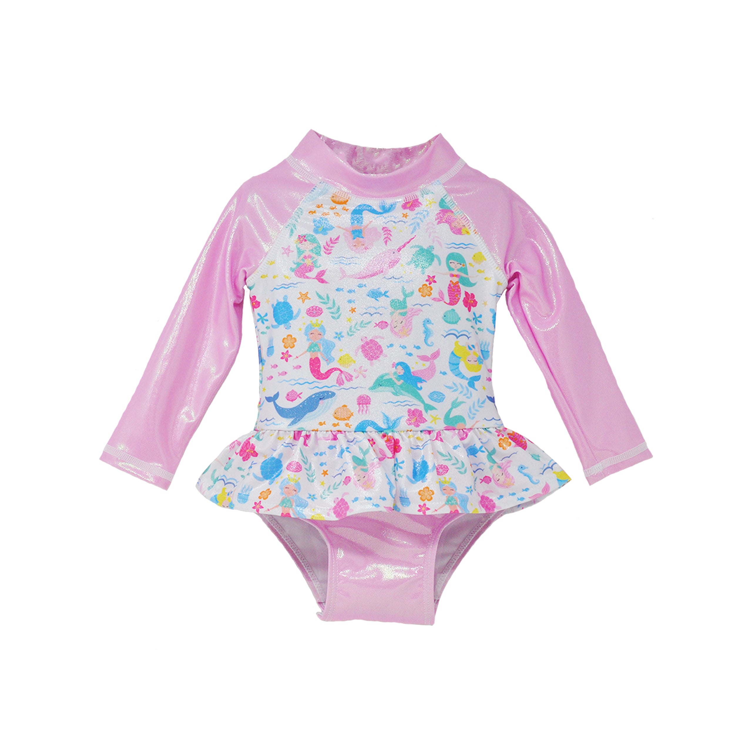 Flap Happy Infants UPF 50+ Ruffle Rash Guard swimsuit in Mermaid Friends. The print has fishes, whales and turtles. with water waves and flowers on a white background.