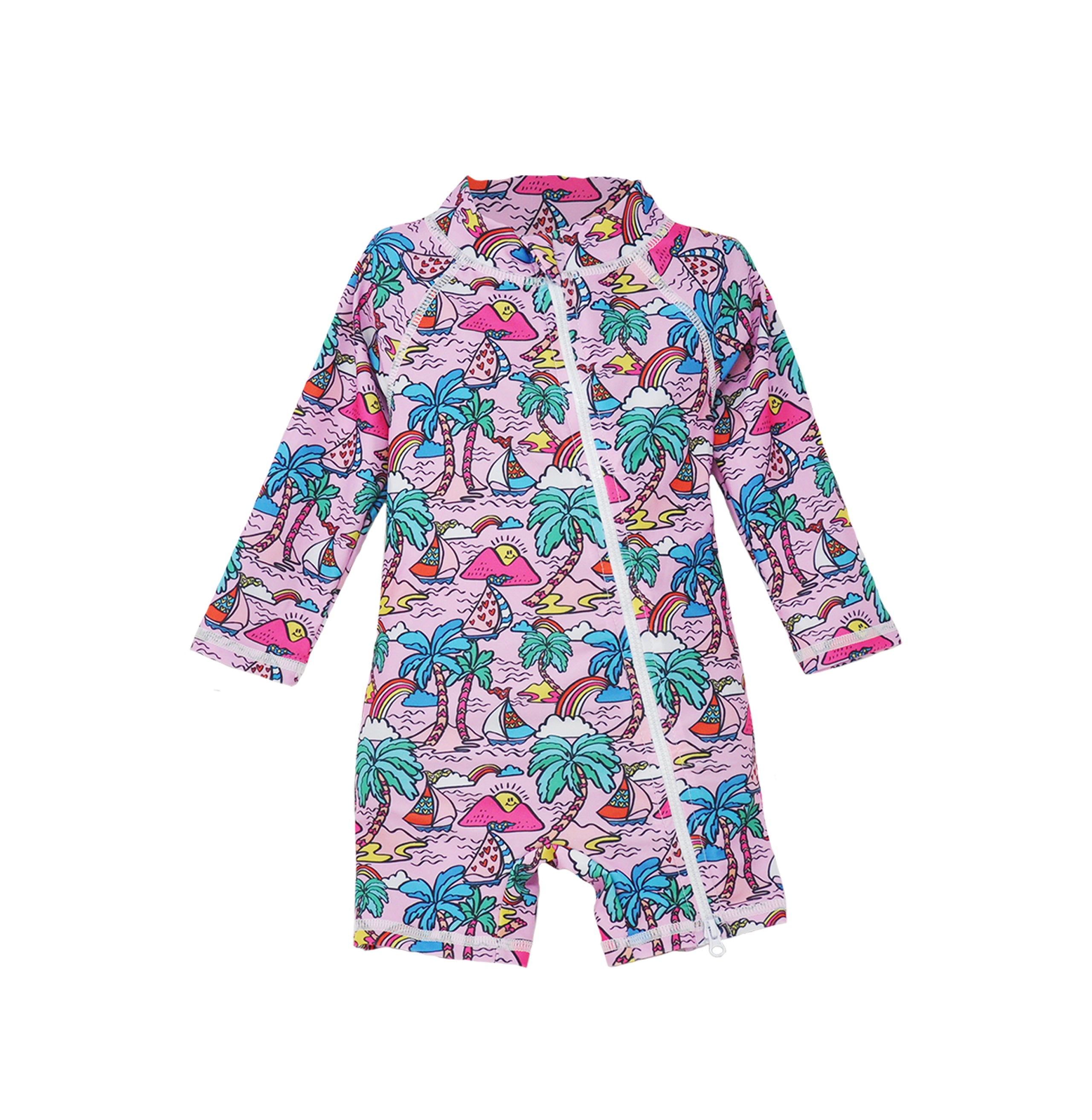 Flap Happy Kids UPF 50+ Shorties Surf Swimsuit in Island Doodles for sun protection. The Print is pink with colorful sailboats and palm trees.