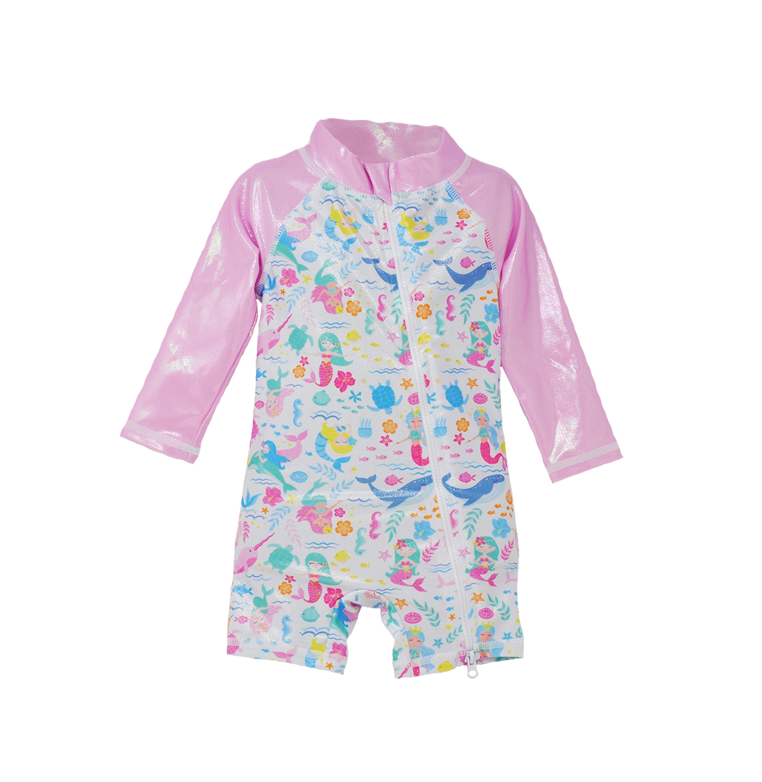 Flap Happy Kids UPF 50+ Shorties Surf Swimsuit in Mermaid Friends for sun protection. The Print is pink with colorful mermaids. surrounded by turtles, whales and fishes. with shiny pink sleaves.