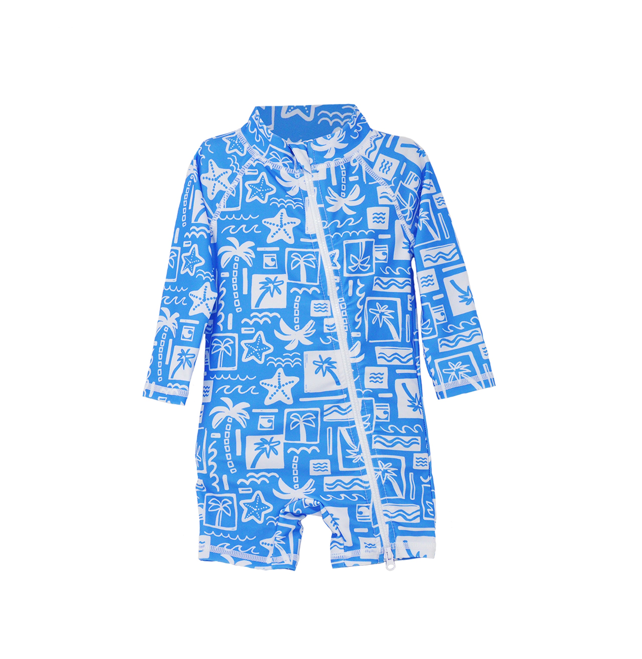 Flap Happy Kids UPF 50+ Shorties Surf Swimsuit in Seaside Palms for sun protection. The print has white icons of palm trees, water waves and starfish on a blue background.