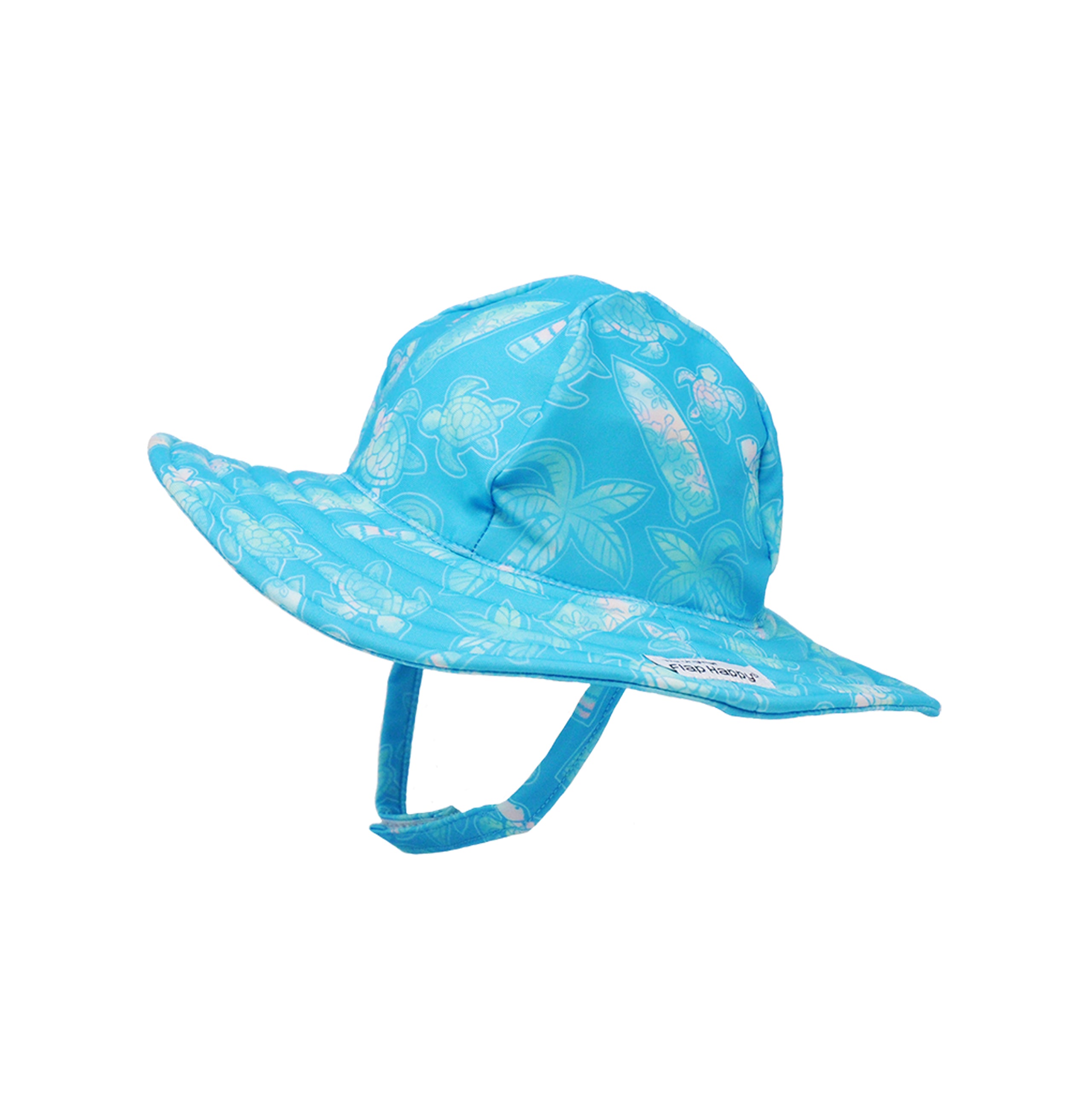 Flap Happy Kids UPF 50+ Summer Splash Swim Hat in Coco Beach for sun protection. The Print is Turquoise with watercolor turtles. surfboards and palm trees.