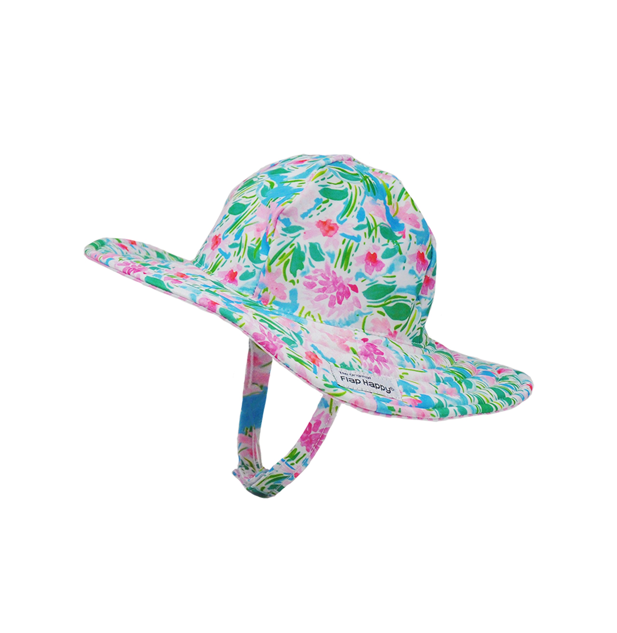 Flap Happy Kids UPF 50+ Summer Splash Swim Hat in Lotus and Lillies for sun protection. The Print is pink lililes and green lotus