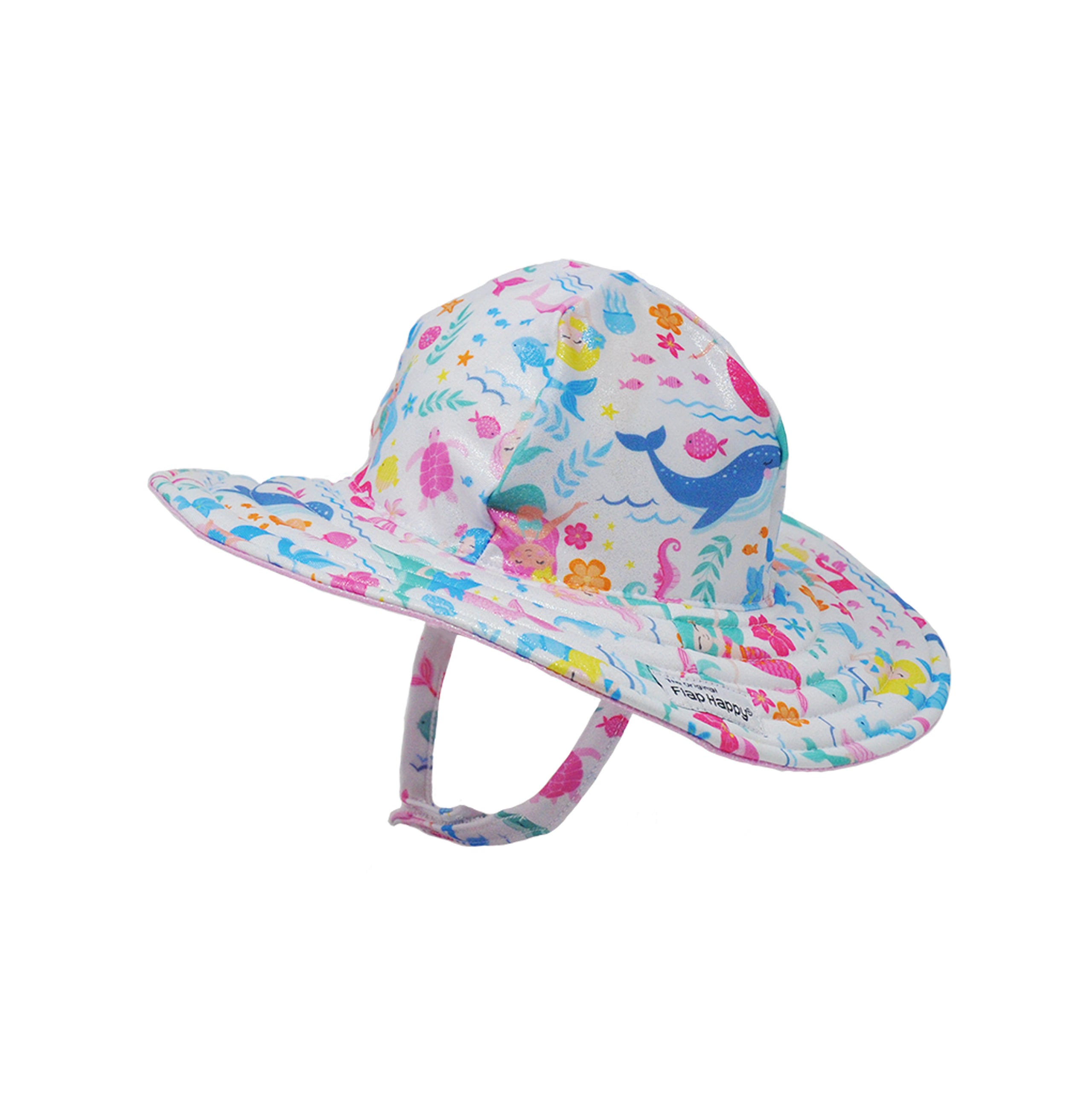 Flap Happy Kids UPF 50+ Summer Splash Swim Hat in Mermaid Friends for sun protection. The Print is white background with colorful mermaid surrounded by whale, turtles and fishes.
