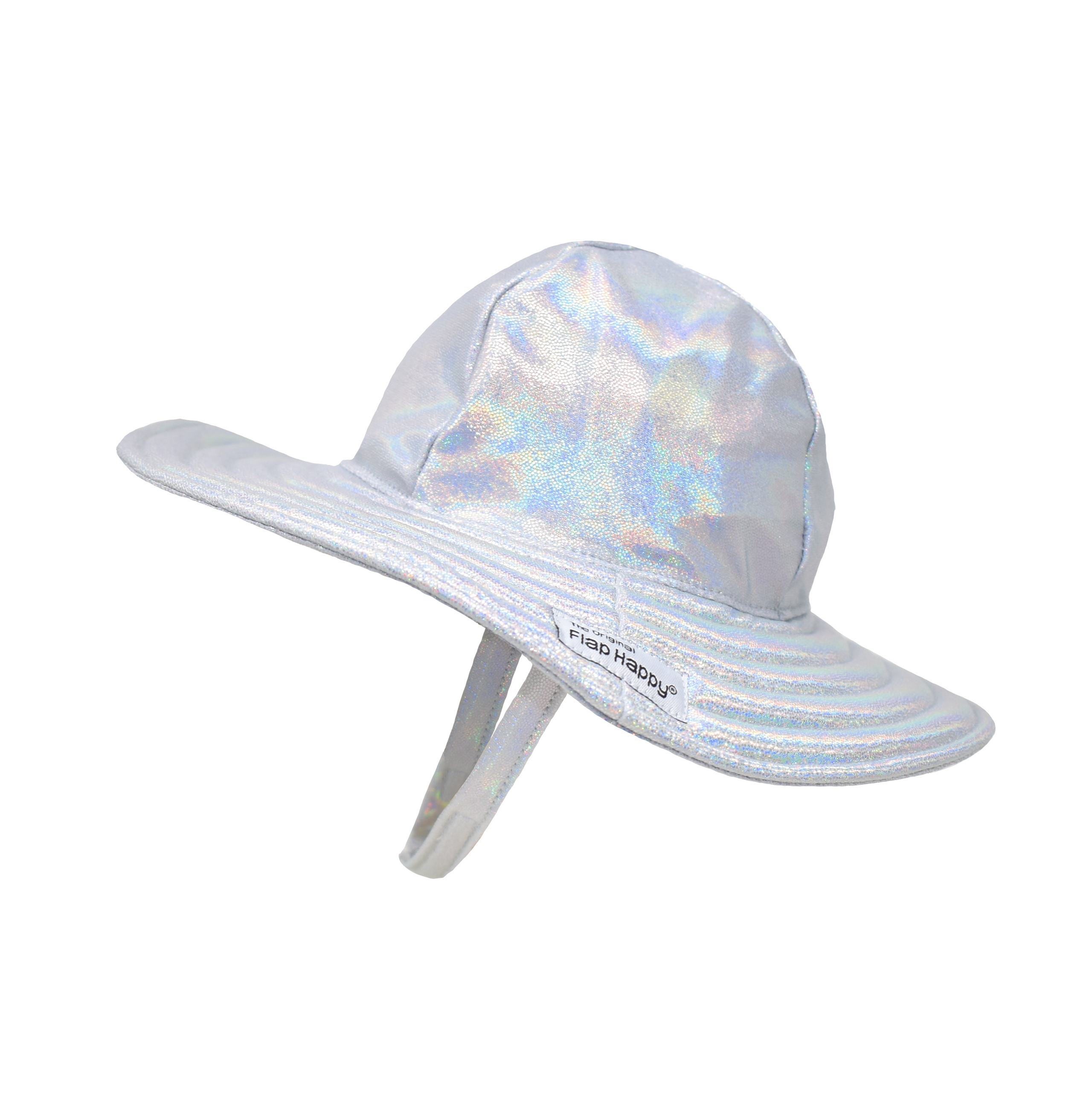 UPF 50+ Summer Splash Swim Hat - Shimmering Silver. Hat completely made of shiny silver fabric. Velcro chin strap.