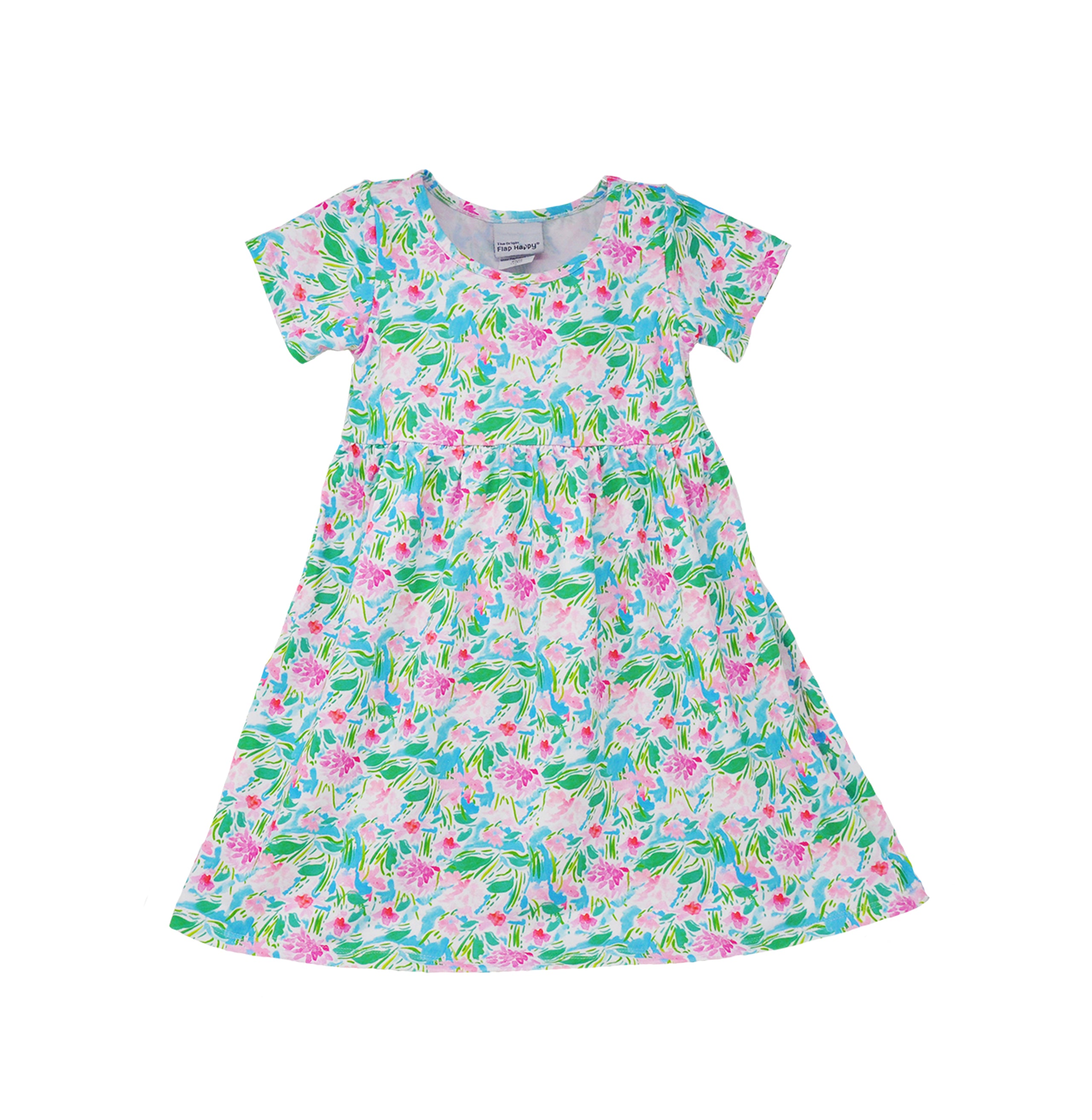 Flap Happy Kids UPF 50+ Short sleeve tee dress Lotus and Lillies for sun protection. The print has green Lotus and pink Lillies.