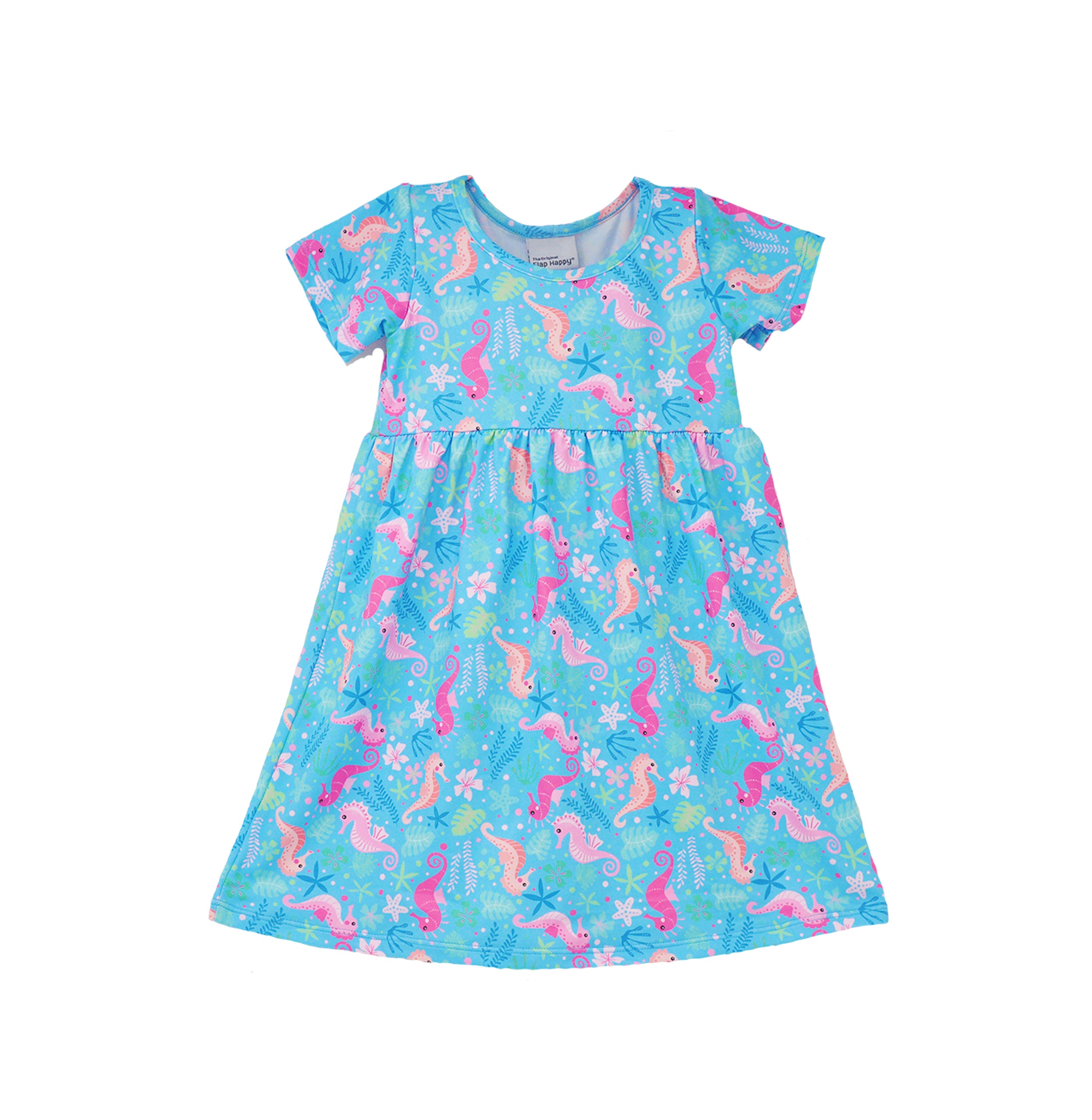 Flap Happy Kids UPF 50+ Short sleeve tee dress Seahorse Garden for sun protection. The Print is Blue with Orange and Pink Seahorses, surrounded by under the sea leaves and flowers.