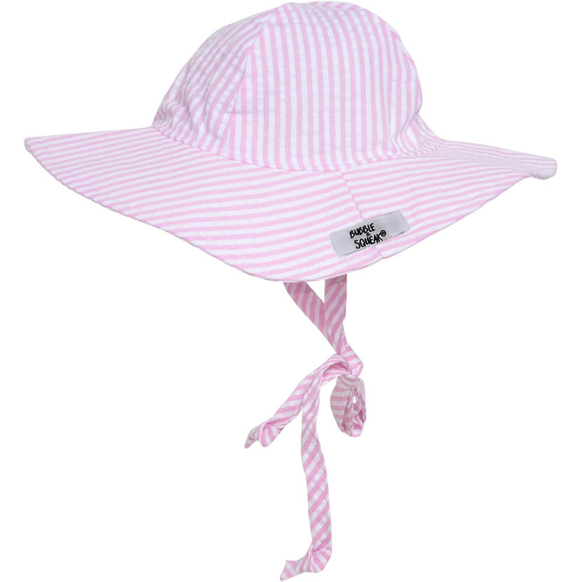 UPF 50+ Floppy Hat (Bubble & Squeak) - Pink Stripe Seersucker, pink and white stripes