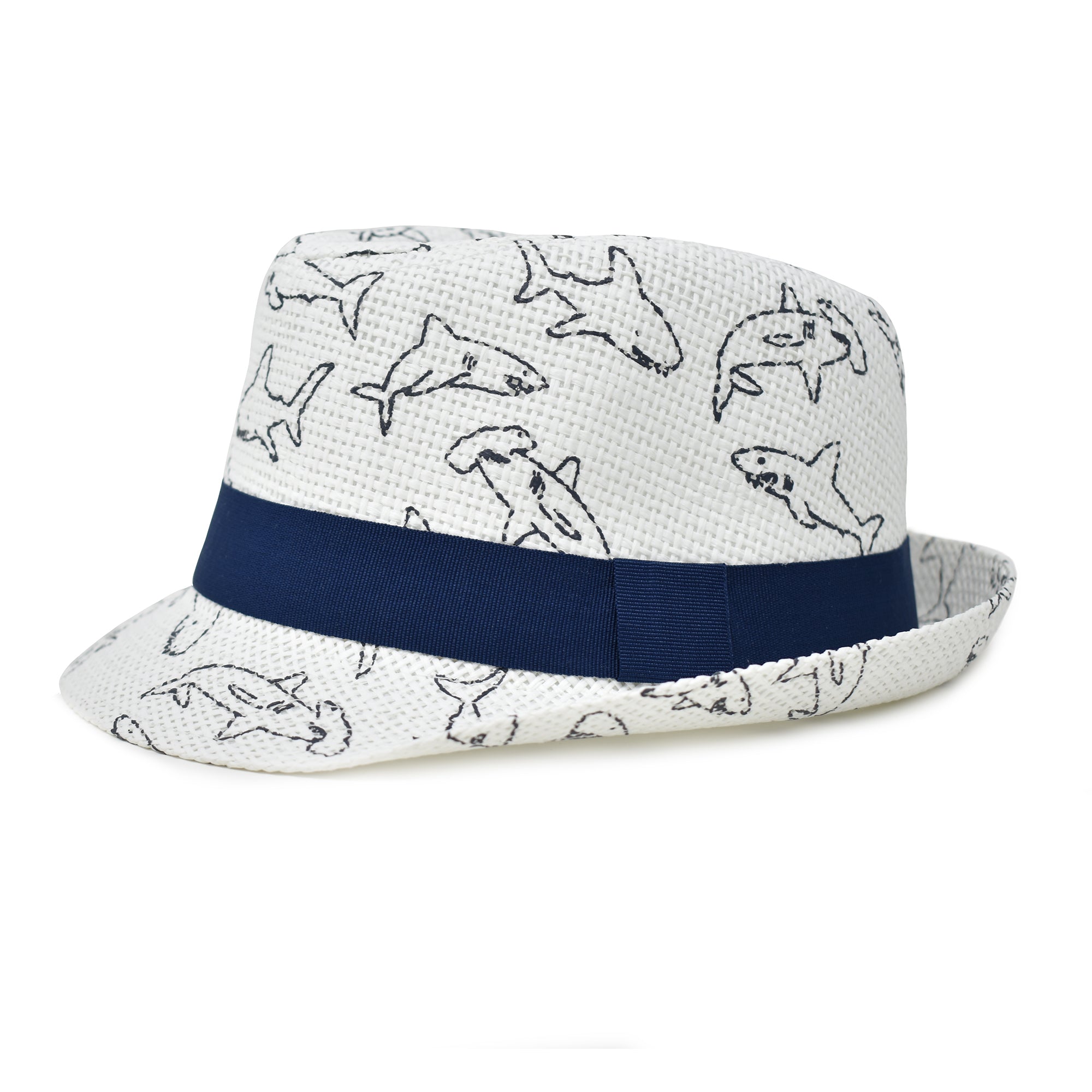 UPF 50+ Fedora Club Hat - Ocean Club, white with cartoon shark print and navy blue band