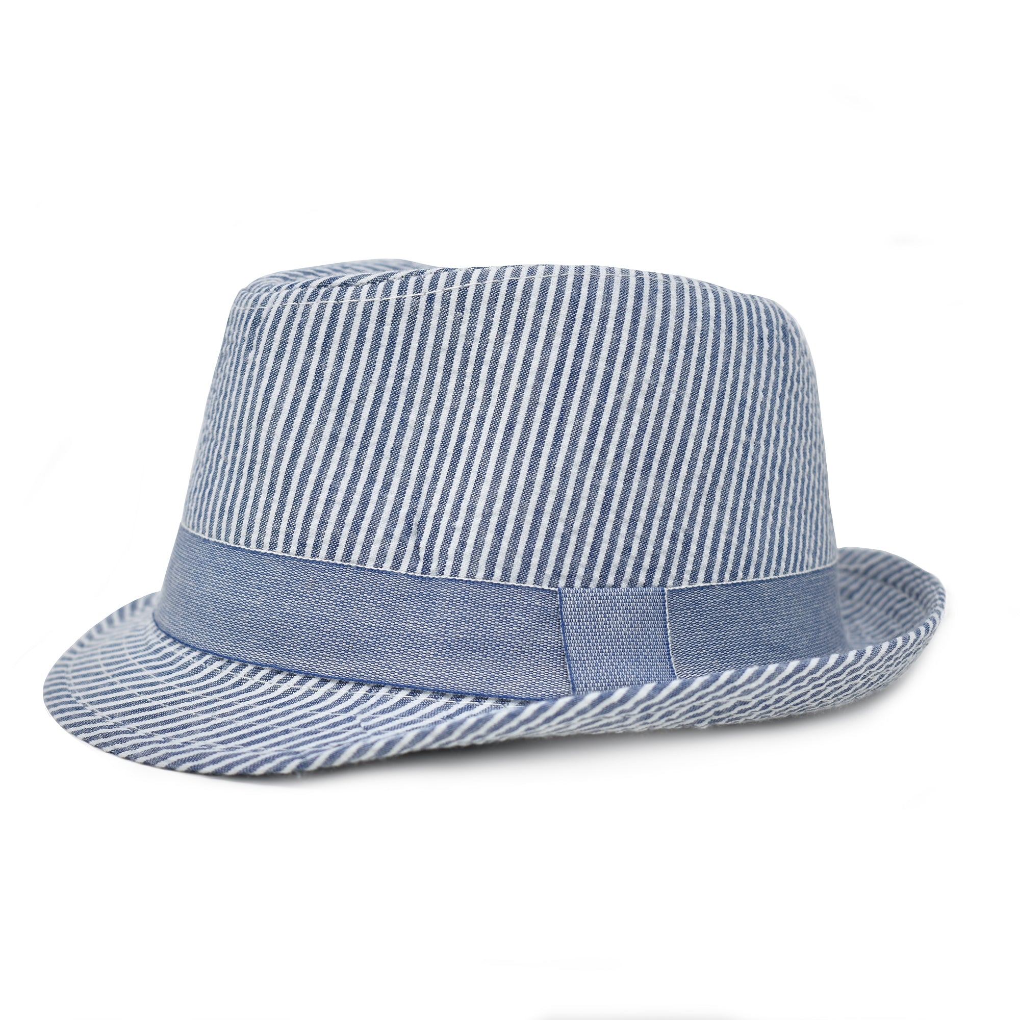 UPF 50+ Fedora Club Hat - Chambray Stripe Seersucker, white and blue stripes with chambray band