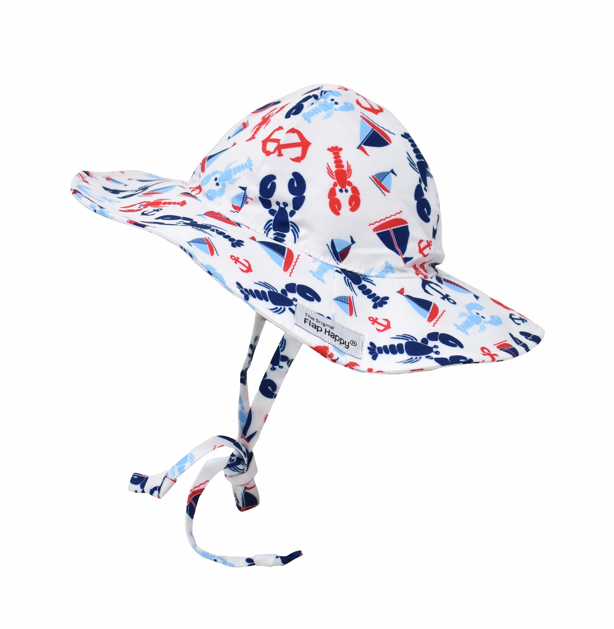 UPF 50+ Floppy Hat - Sunday Sails, white floppy sunhat with red and blue lobsters, sailboats, and anchors